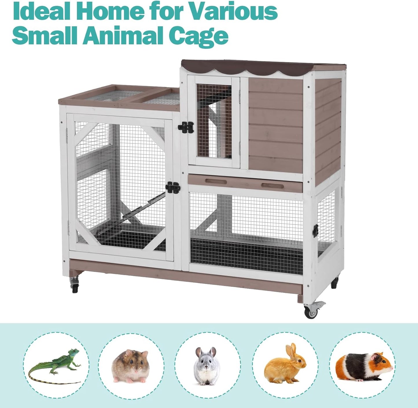 Rabbit Hutch Indoor for 2-4 Rabbits & Guinea Pigs，Bunny Cage with Slide-Out Plastic Trays，Wooden Small Animal Cage for Rabbits, Bunnies, and Guinea Pigs