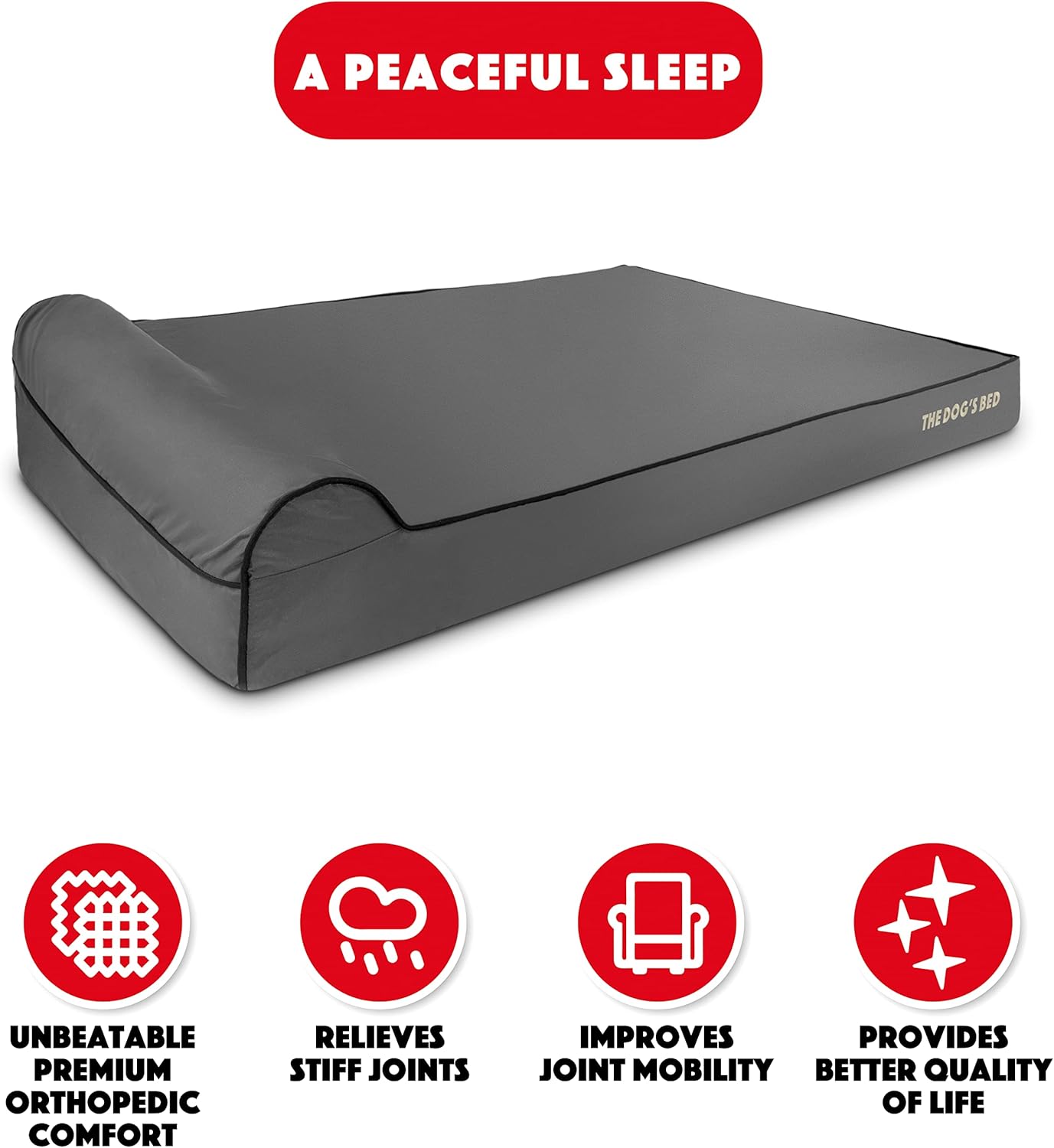 The Dog’s Bed Orthopedic Headrest Dog Bed XXXL Grey/Black 64x44, Memory Foam, Pain Relief for Arthritis, Hip & Elbow Dysplasia, Post Surgery, Lameness, Veterinary Approved, Waterproof Washable Cover