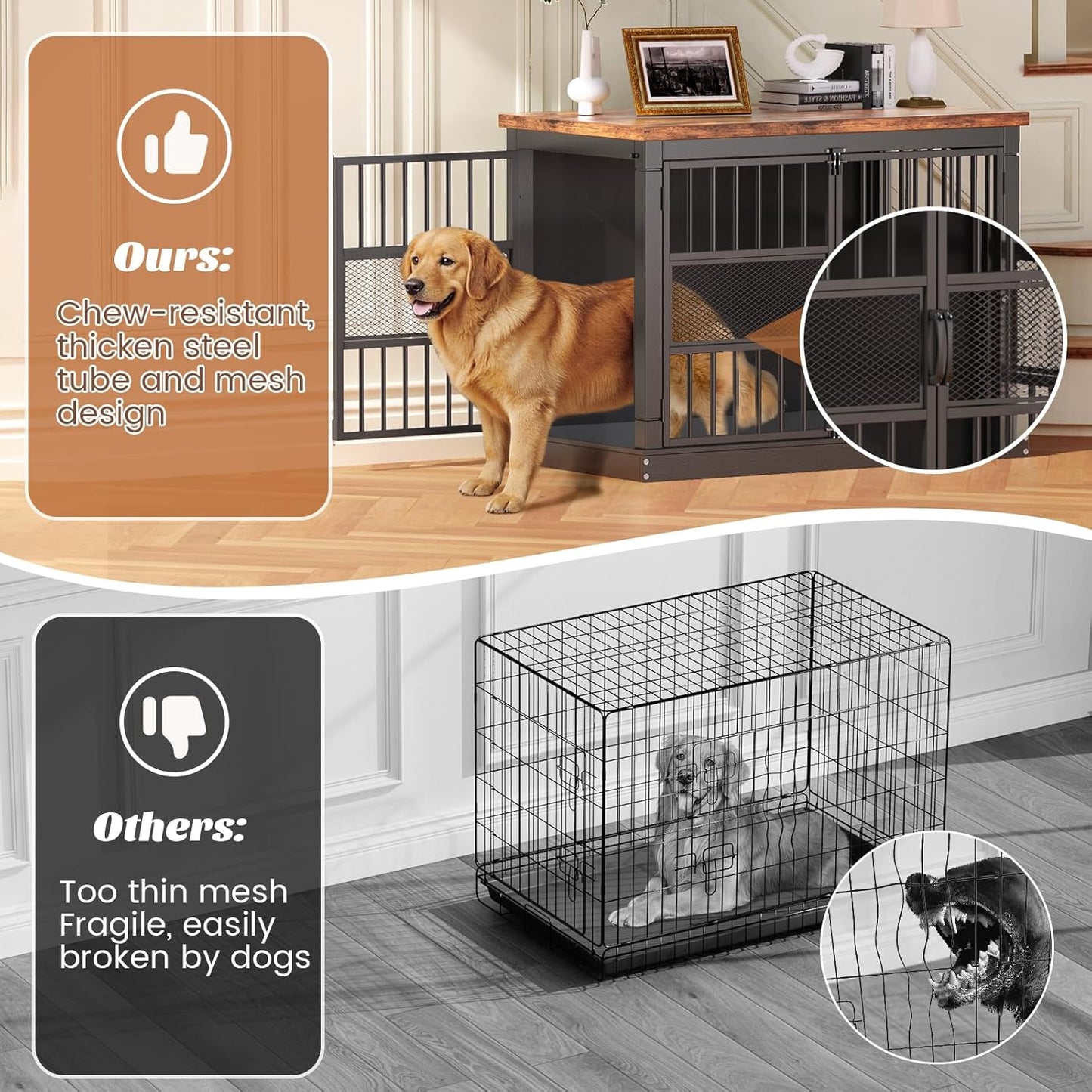 VOPEAK 46" Dog Crate Furniture, Chew Resistant Large Dog Crate for Medium Large Dogs, Heavy Duty XL Dog Crates Dog Kennel Cage Indoor with Double Doors, End Table for Bedroom Living Room, Black