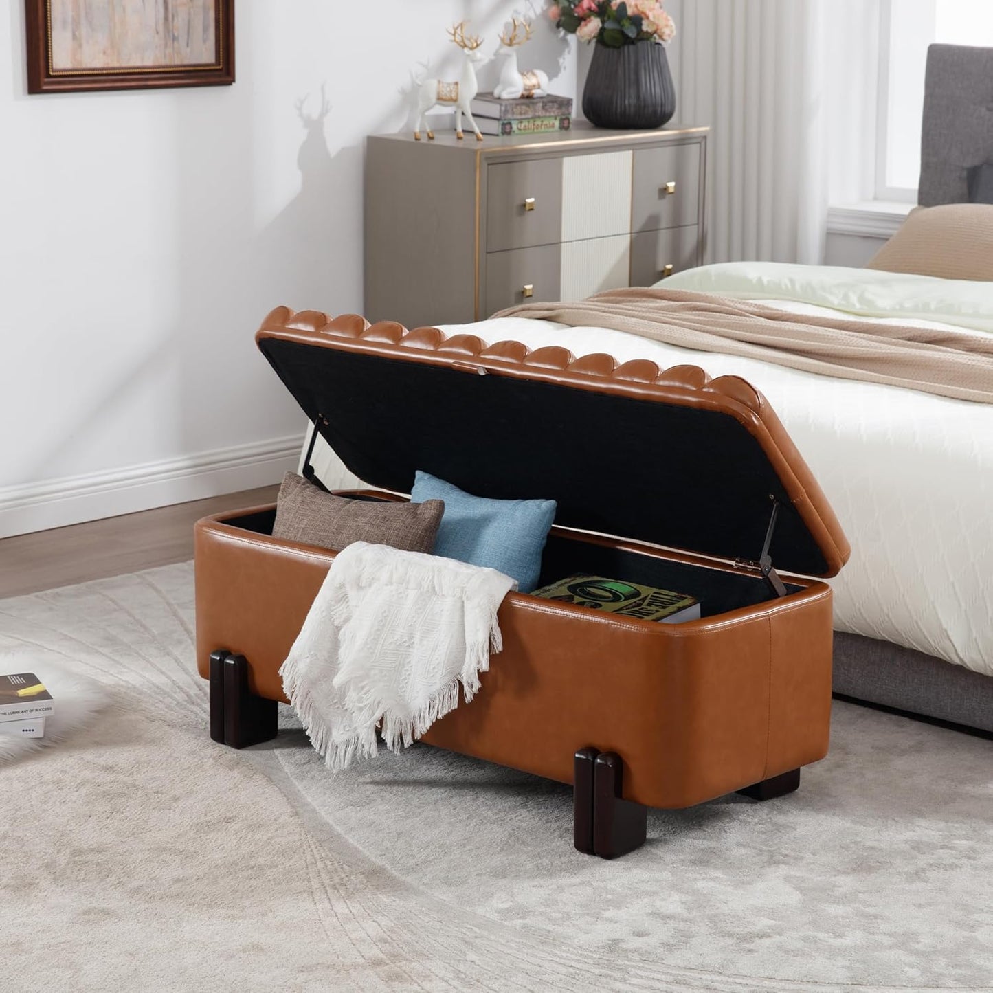 Wavy Ottoman Storage Bench Multi-Functional Narrow Entryway Bench Elegant End of Bed Bench with Storage and Safty Hinge for Living Room Entryway Hallway Bedroom Boutique, Brown