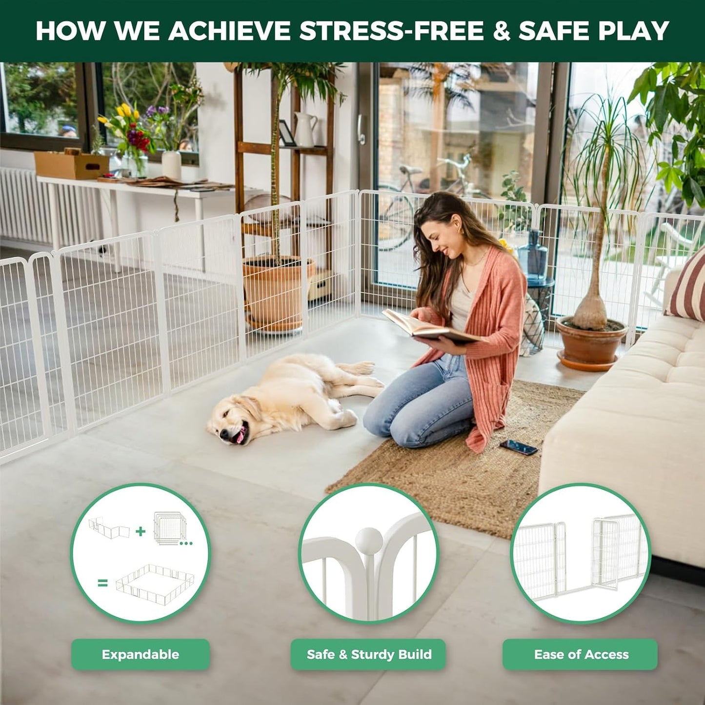 FXW Homeplus Unleashed Indoor Dog Playpen - Stress-Free and Safe Play, Heavy Duty 40 Inch 8 Wire Panels Dog Pen for Medium and Large Dogs, White│Patented