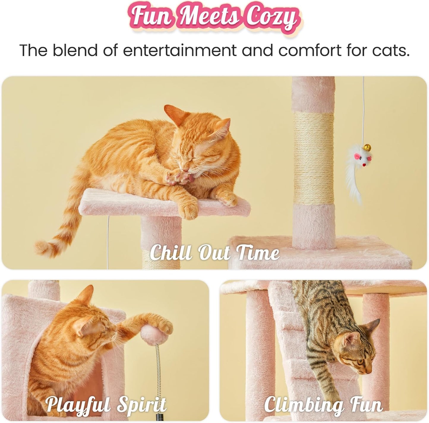 MWPO 63.8-Inch Pink Cat Tree for Indoor Cats, Multi-Level Cat Tower with Sisal-Covered Scratching Posts, Padded Platform, Hammock, Dangling Toys, Stable Cat Condo Pet Play House