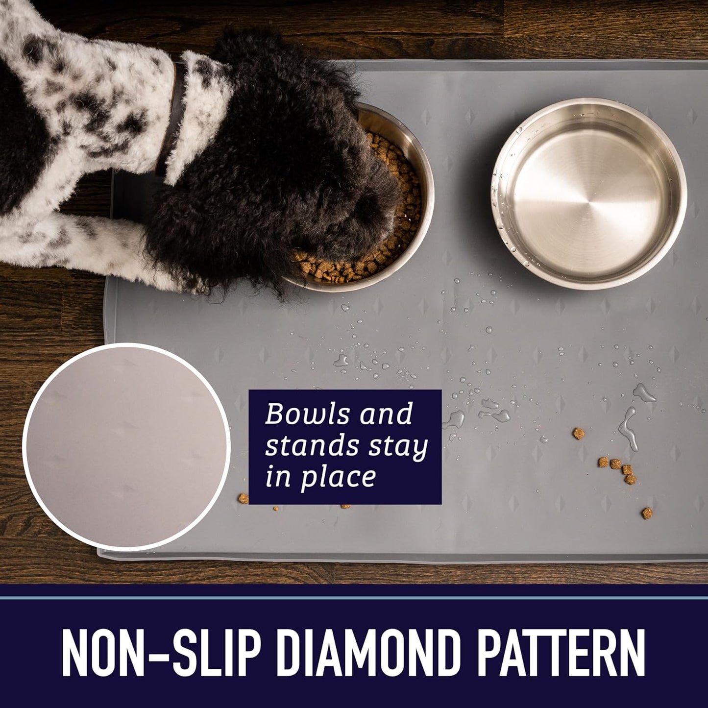 Leash Boss Silicone Pet Feeding Mat with Raised Edge - 20" x 13" Grey - Waterproof Non-Slip Dog Bowl & Water Tray - Spill Containment Lip for Dogs & Cats - Placemats for Cats and Dogs Water Bowl