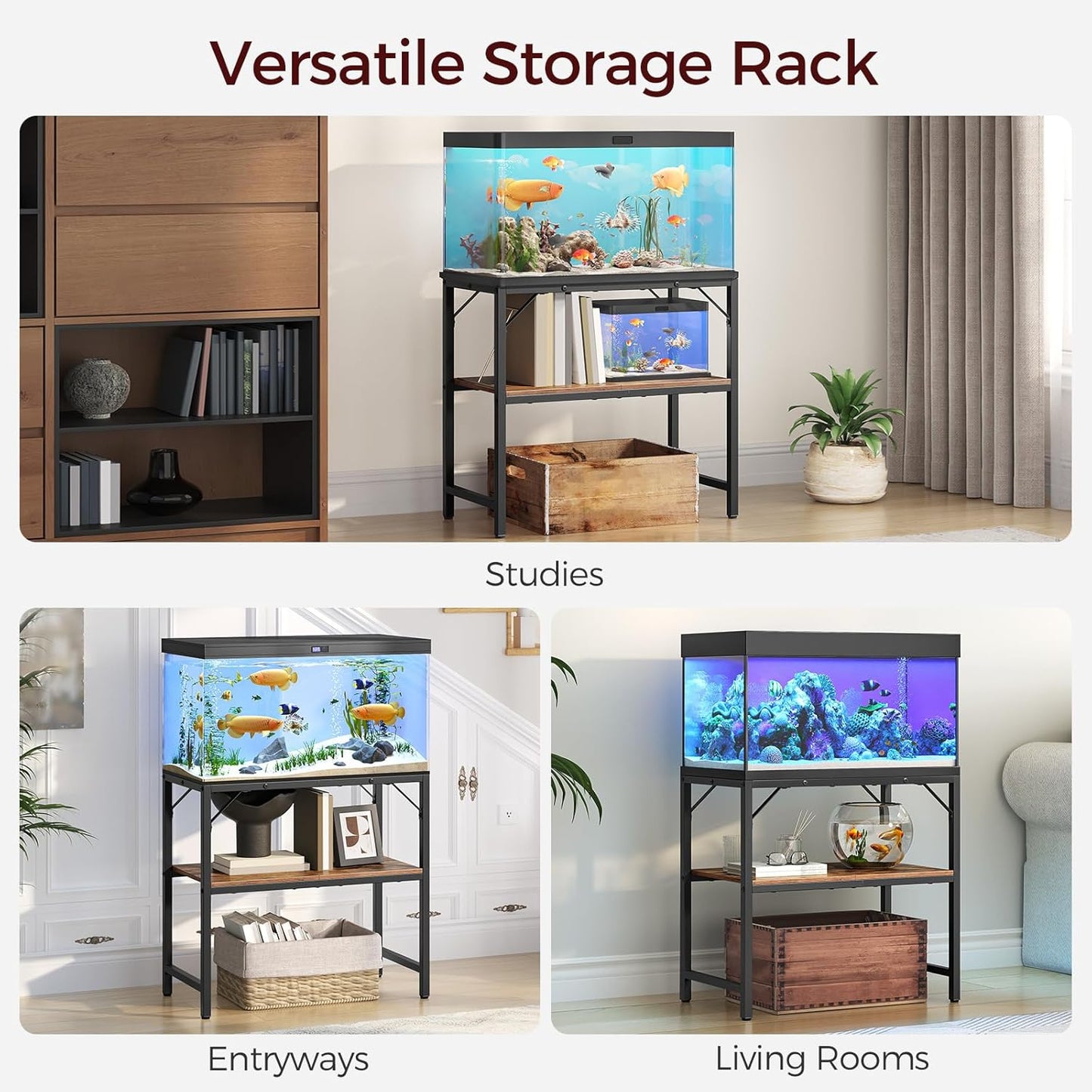 30 Gallon Fish Tank Stand, Aquarium Stand with 2-Tier Storage Shelves, Heavy Duty Breeder Turtle Terrarium Stand Rack for Home Office, 30.0" L x 11.8" W x 24.4" H, Rustic Brown FTHR3001