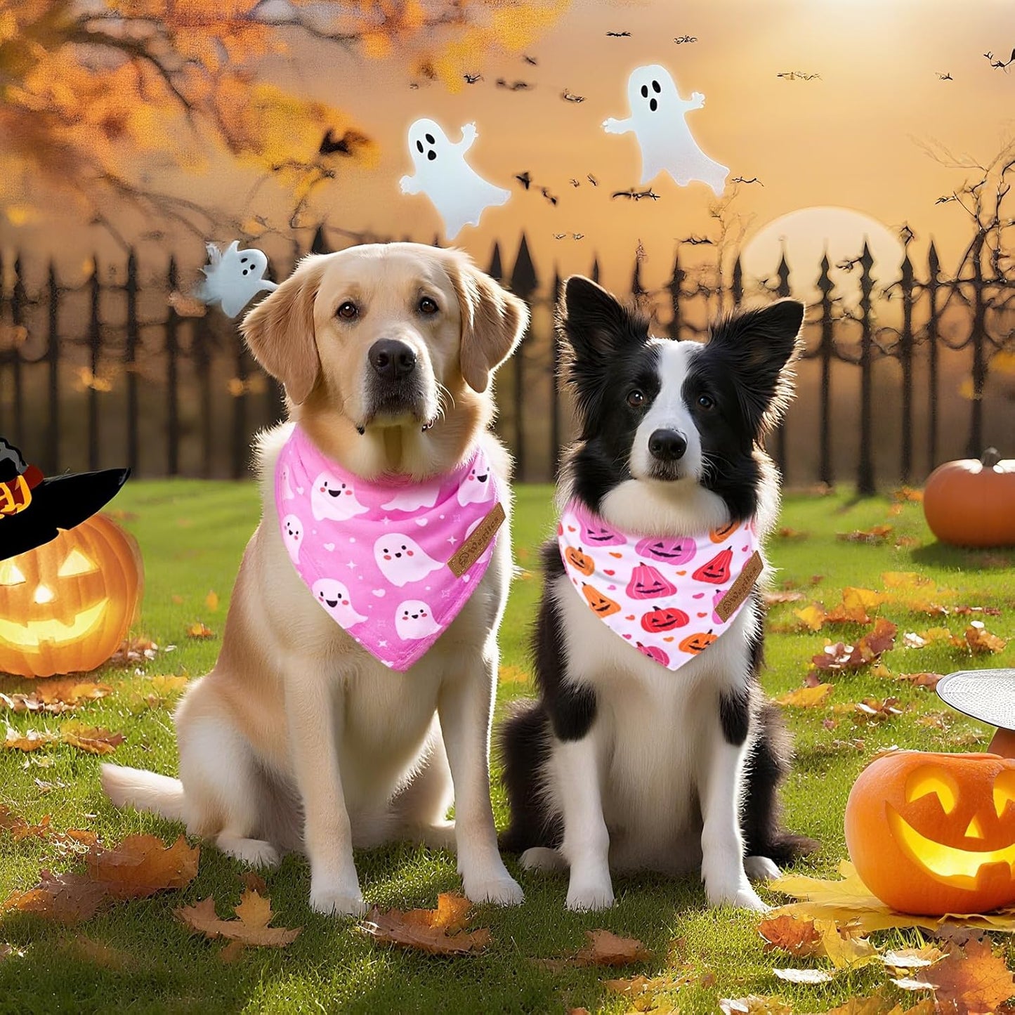 2 Pack Halloween Dog Bandanas,Leather Brand Logo, Double-Layed Soft Skin-Friendly Fabric, Autumn Scarf Accessory for Boys & Girls,Suitable for Halloween, Daily Walks & Family Outings