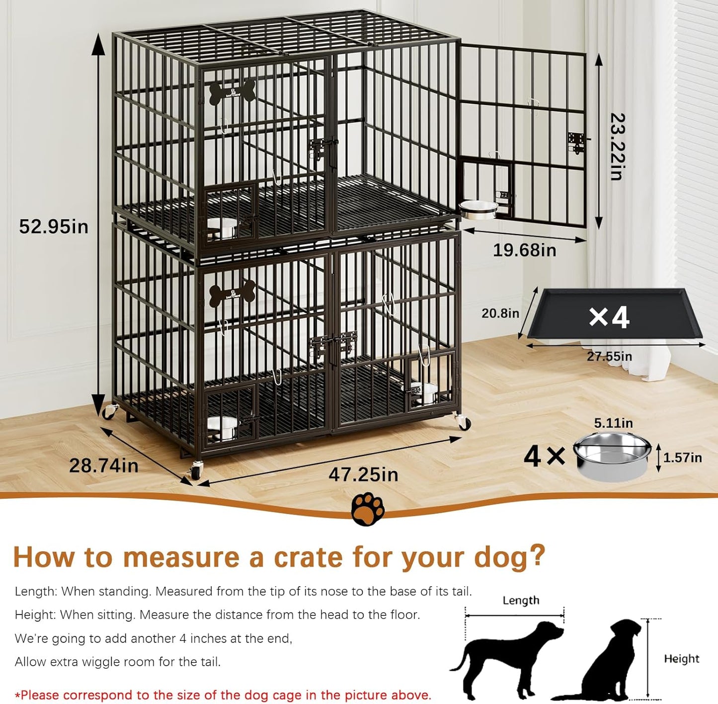 aboxoo 48 inch Stackable Heavy Duty Metal Dog Crate for 4 Dogs/Large Dog,All Metal Open Top Access,Escape Proof Cage,Dog Kennel Indoor with Wheels,Floor Grid, Tray, Divider and Feeding Bowl