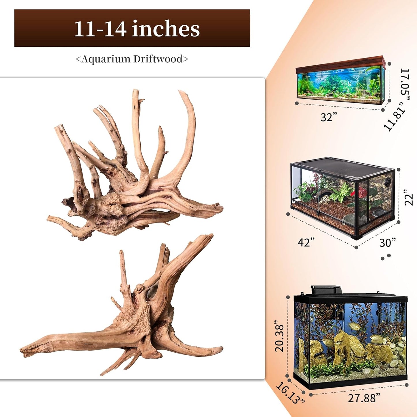 majoywoo Natural Large Driftwood for Aquarium Decor Reptile Decor, Assorted Spider Wood Branch 11-14" 2 Pcs, Fish Tank Decoration