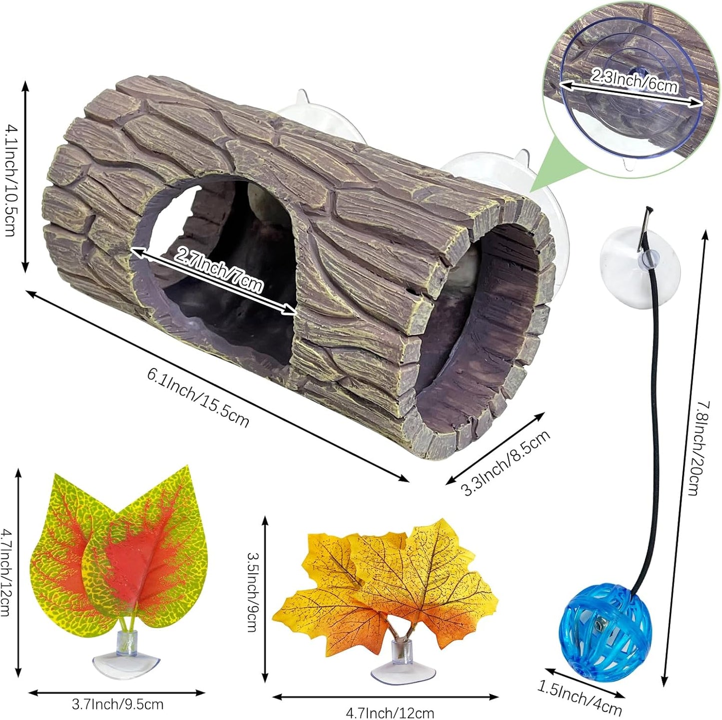 Hamiledyi Reptile Hide Cave Resin Hollow Log Hideout with 2pcs Powerful Suction Cup, Plastic Plant Leaves Ornament Snake Hide Hermit Crab Climbing Toys for Gecko Lizard Hermit Crabs Frogs