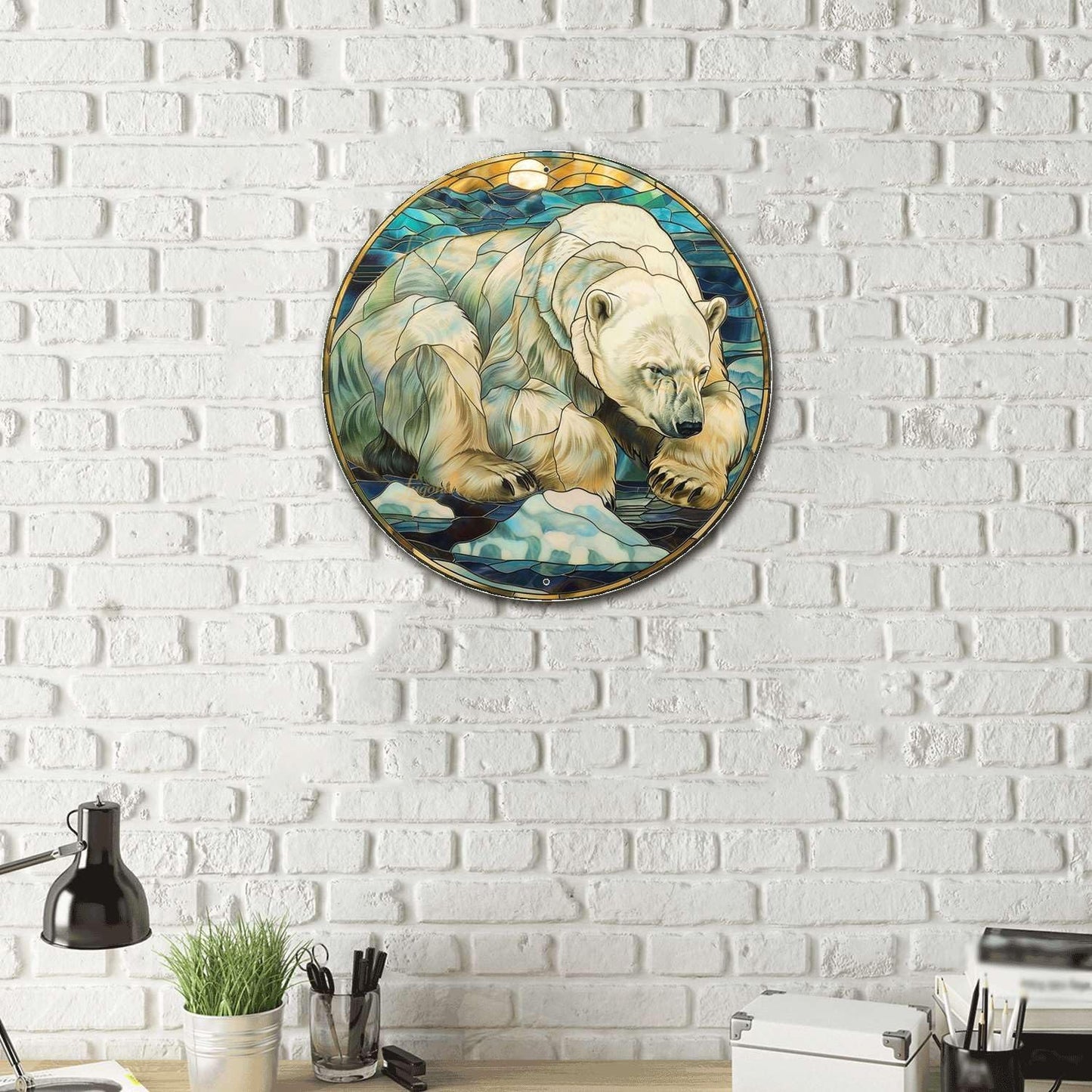 Lygond Metal Sign Tin Sign Circular Stained Glass Polar Bear Bar Signs for Home Decor for Pet 12×12 Inches