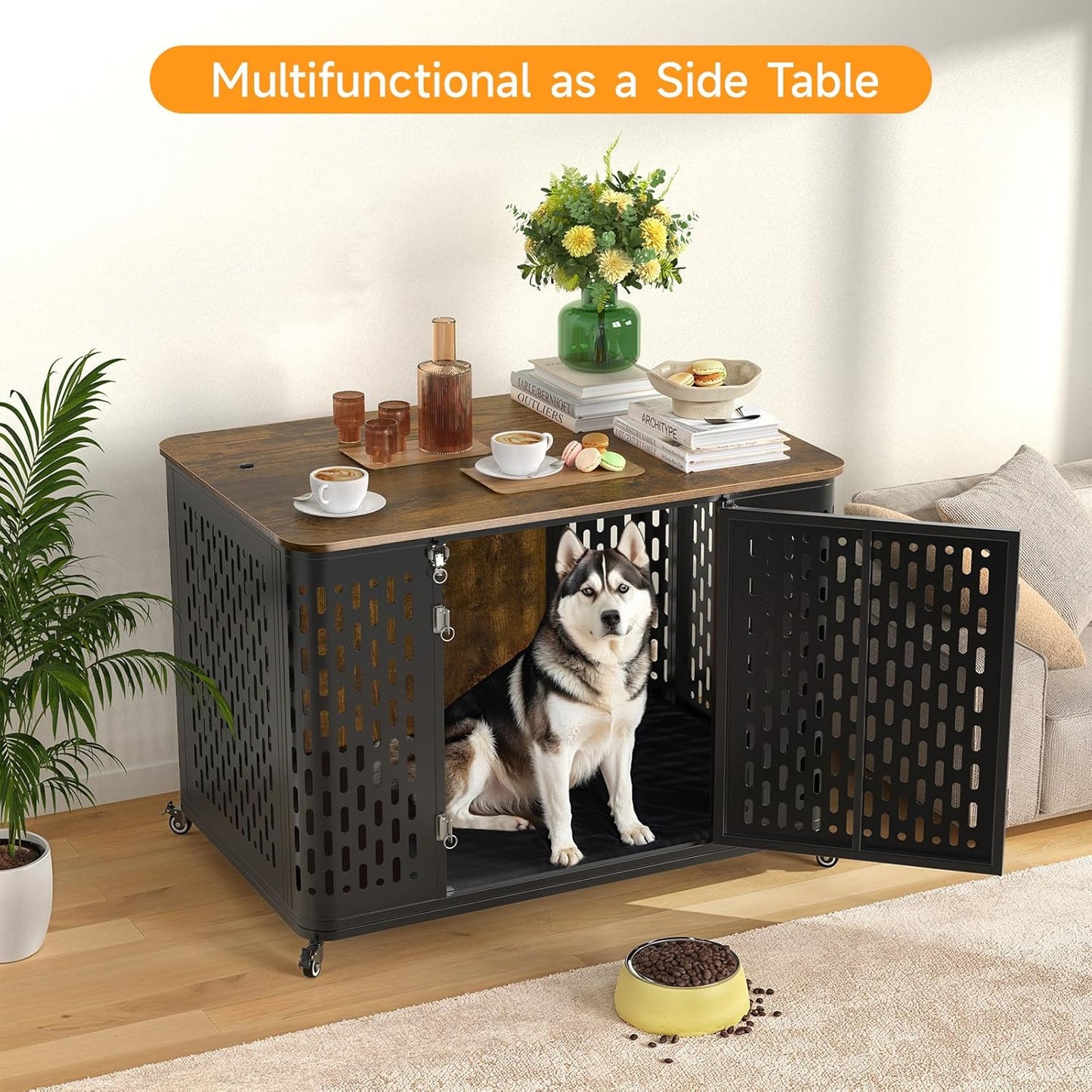 Heavy Duty Dog Crate Furniture for Large and Medium Dogs, 43.7 Inch Large Dog Crate Kennel with Flip Top & Cushion & Wheels, Escape Proof Pet Cage for High Anxiety Dogs