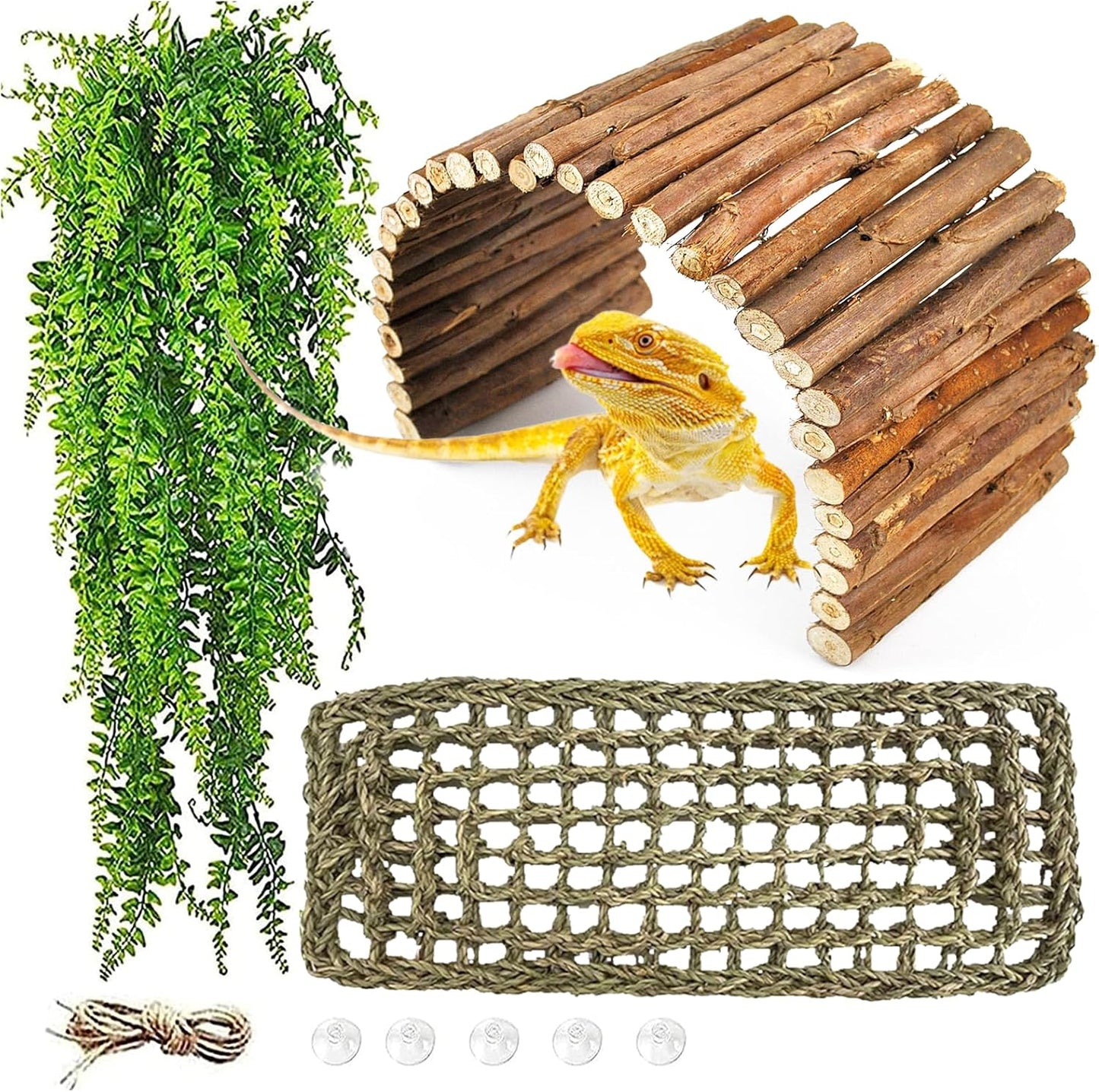 kathson Reptile Wooden Bridge,Bearded Dragon Hammock Decor Wood Reptile Hideout Hut Terrarium Hanging Plants Climbing Accessories Reptiles Hide Caves for Snake Gecko Lizard Tortoise (3 Pcs)