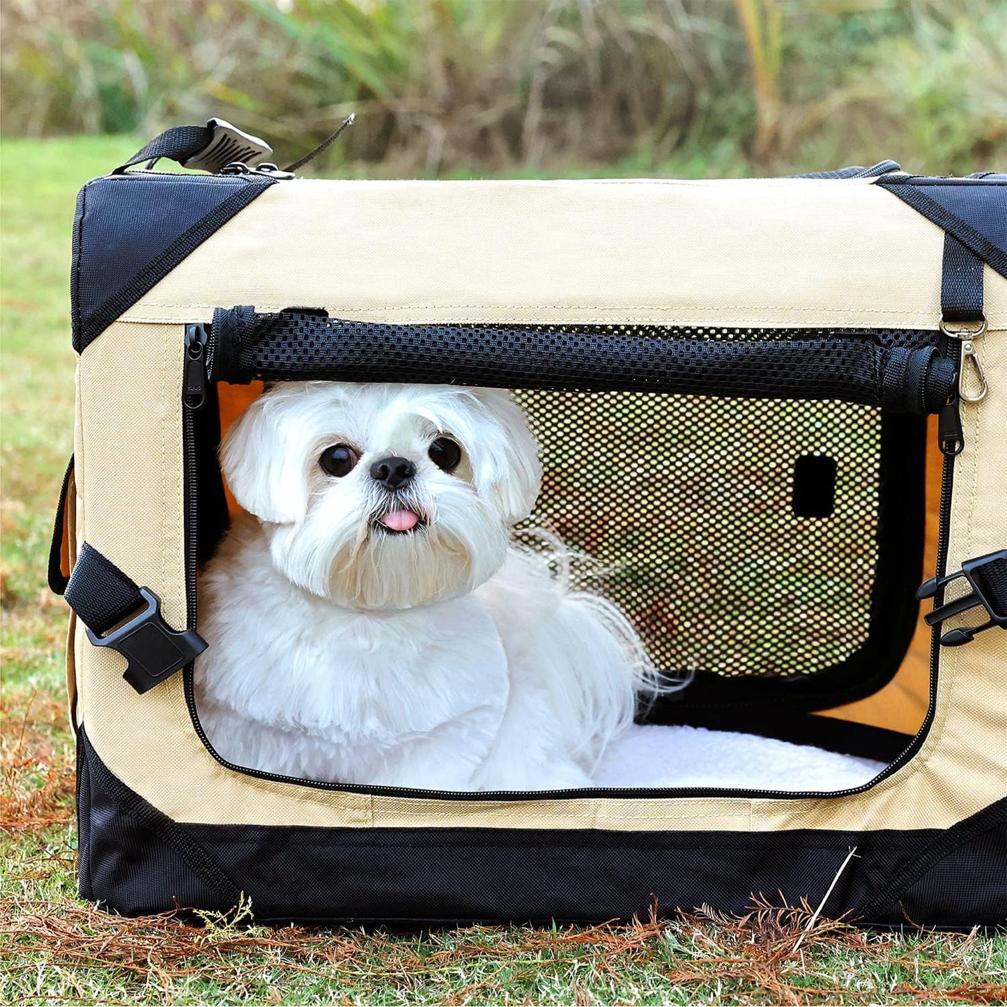Pettycare 26 Inch Collapsible Foldable Soft Dog Kennel with Chew Proof Mesh Windows, Indoor & Outdoor Travel Dog Crate, Soft Side Dog Crate, Beige