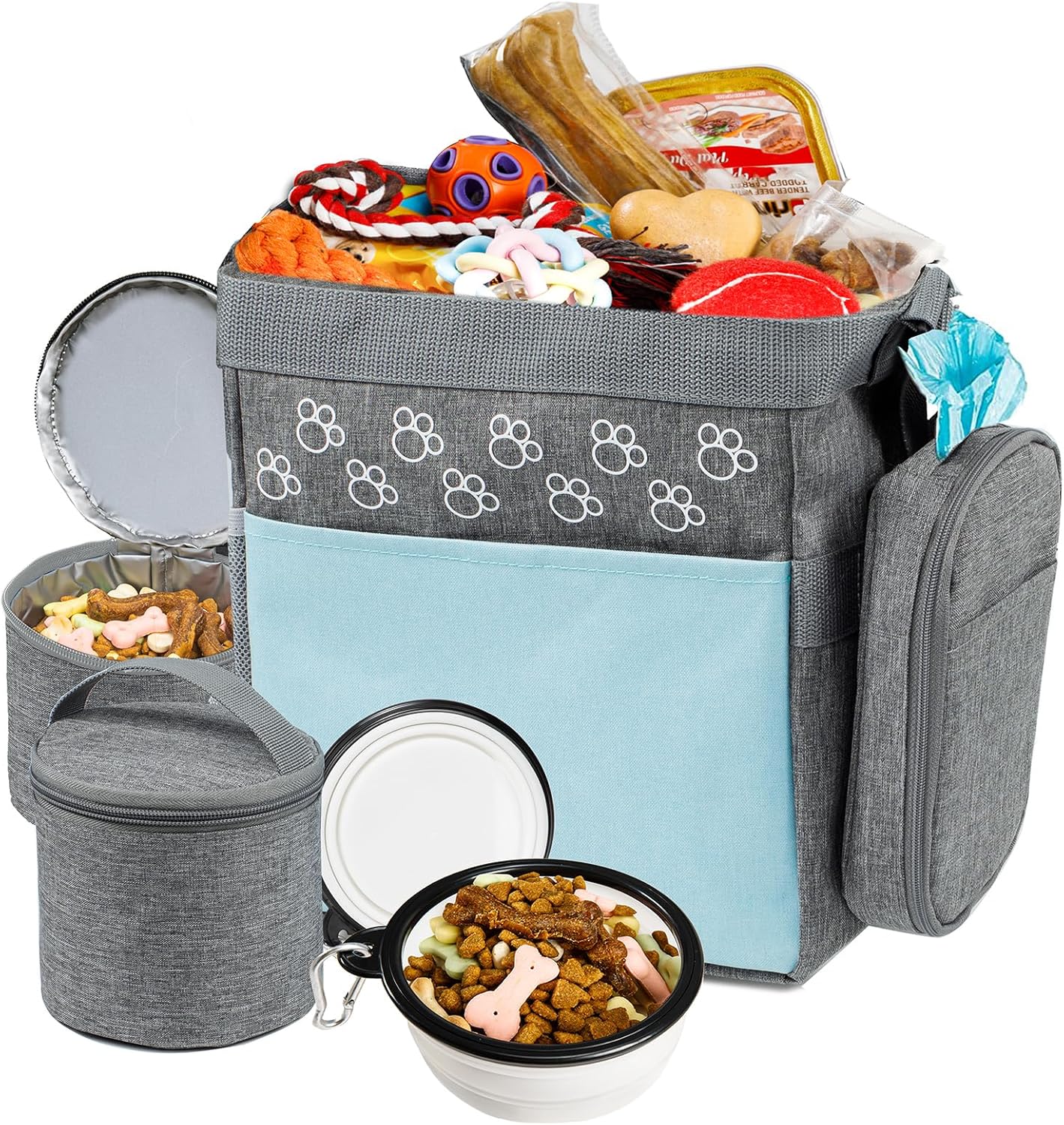Dog Travel Bag with Treat Pouch, Airline Approved Dog Bags for Traveling, 2 Dog Food Travel Container, 2 Travel Bowls, Weekend Dog Travel Bag for Supplies, Dog Travel Kit Accessories