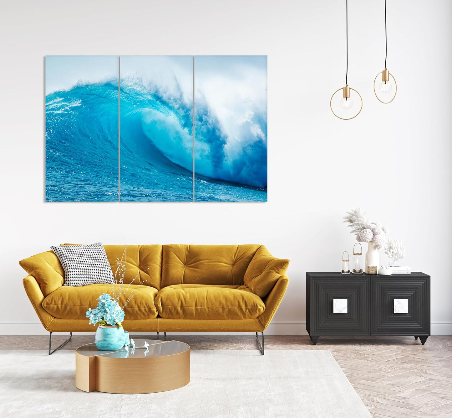 Nature Wall Art Prints - Ocean Forest Mountain Lake Canvas Landscapes - Small to Extra Large Living Room Bedroom Kitchen Bathroom Décor (Blue Ocean Wave, 55L" x 83W"- 3 Panels)