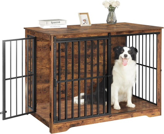 XXL Large Dog Crate Furniture, 46.9" Indoor Dog Kennel Furniture with Barn Door, Wooden Tall Dog Crate, Heavy Duty Dog Cage for Large Dogs, Side End Table, Anti-Chew, Rustic Brown DFC83801B