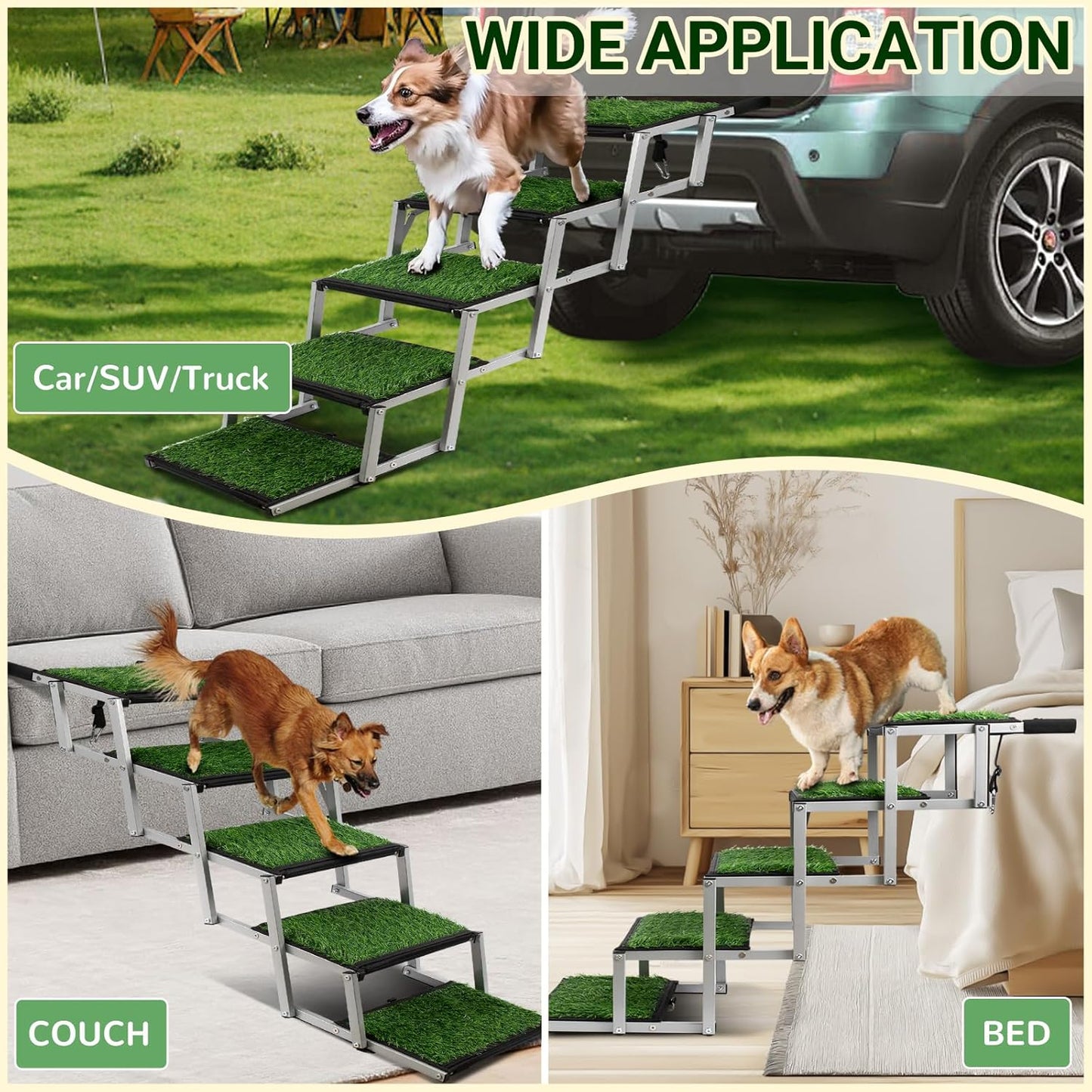 Extra Wide Dog Stairs for Car, Portable Folding Dog Steps for Large Dogs with Non-Slip Grass Rug for Cars, SUV, Trucks, Lightweight Pet Ramps Supports Up to 200 lb, 5 Steps