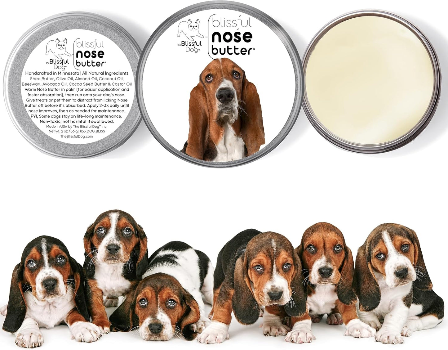 The Blissful Dog Basset Hound Nose Butter for Dry, Cracked Skin, Lick-Safe Dog Nose Balm with Moisturizing Shea Butter, Almond, Olive, and Essential Oils, Pet Supplies, Uncented, 1 oz.