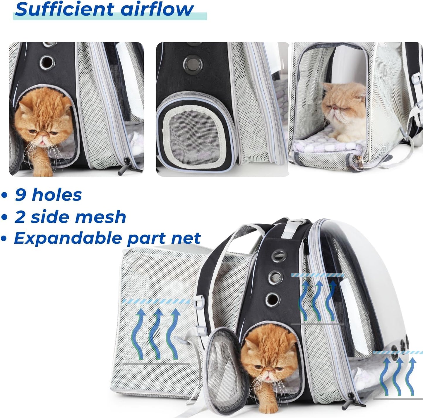 Lollimeow Cat Carrier Backpack, Bubble Dual Expandable Backpack Carrier, Pets and Small Dogs,Airline-Approved, Designed for Travel, Hiking, Walking & Outdoor Use (Dual Expandable-Black)