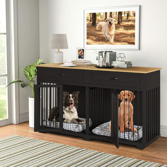 Large Dog Crate with Double Rooms, 72" Heavy Duty Wooden Dog Cage Furniutre Dog Crate Kennel w/Drawers & Removable Divider,Indoor Luxury Dog House for Large Dogs,Black