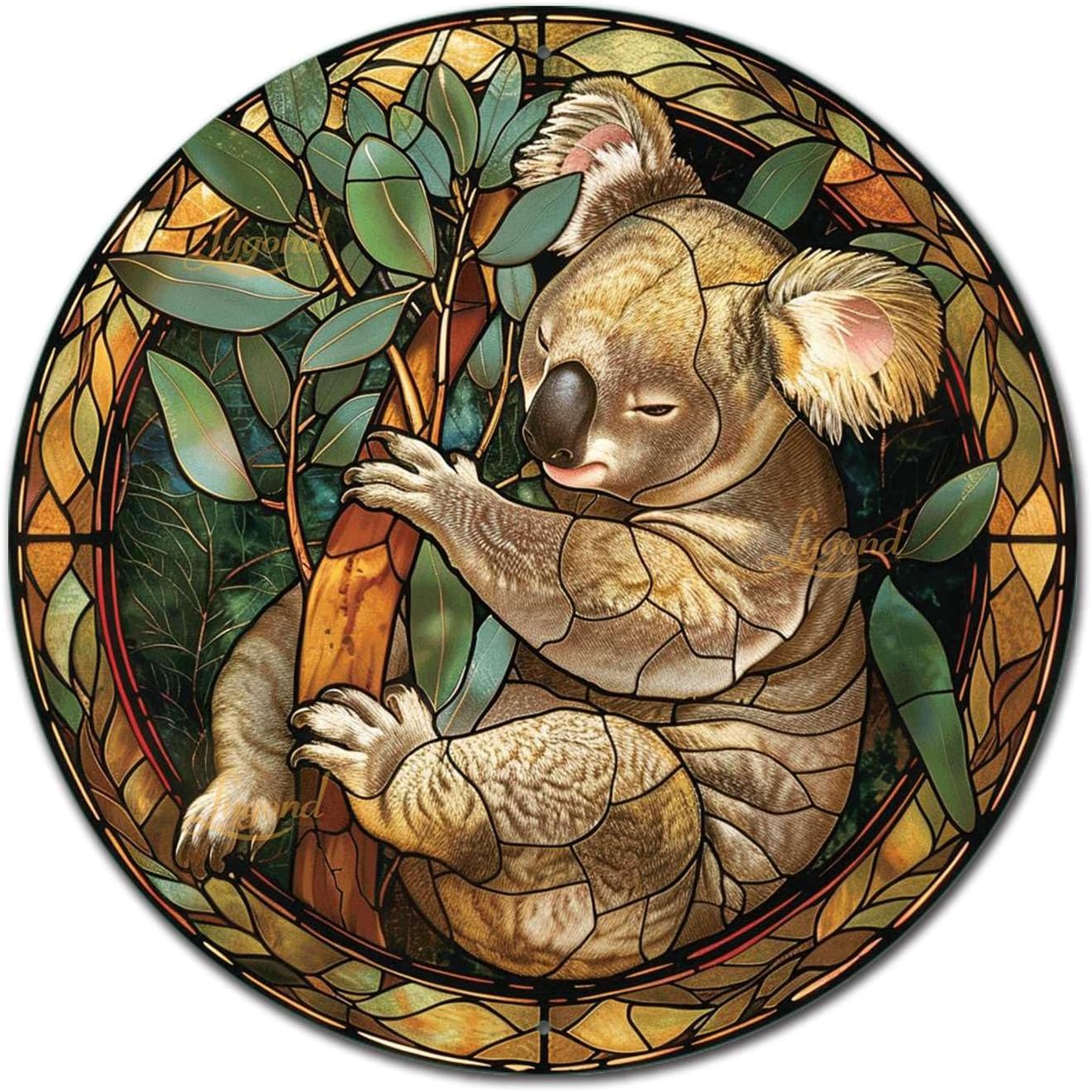 Lygond Metal Sign Tin Sign Circular Stained Glass Koala Kitty Decor for Garden 8×8 Inches