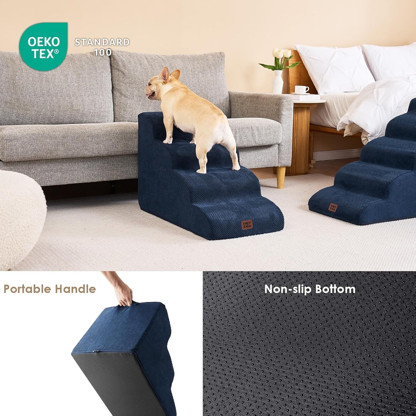 EHEYCIGA Curved Dog Stairs Ramp for High Beds 19.7" H, 4-Step Dog Steps for Small Dogs and Cats, Pet Stairs for High Bed Climbing, Non-Slip Balanced Pet Step Indoor, Navy