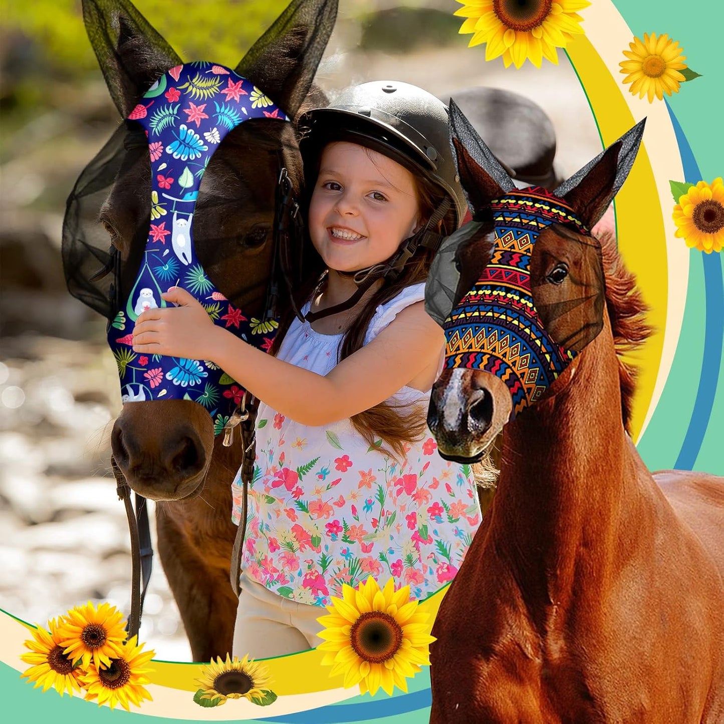 Chunful 6 Pcs Horse Fly Masks with Ears Smooth and Comfortable Cashel Mesh Fly Mask Elasticity Breathability UV Protection Horse Face Covering for Riding Supplies(Geometric,Medium)