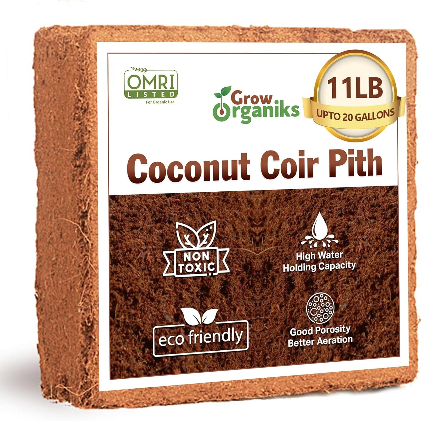 Coco Coir Pith,Coco Peat Brick/Block -11 Lbs, OMRI Listed for Organic Use, Expansion Between 70-75L,Universal Potting Substrate for All Plants & Crops