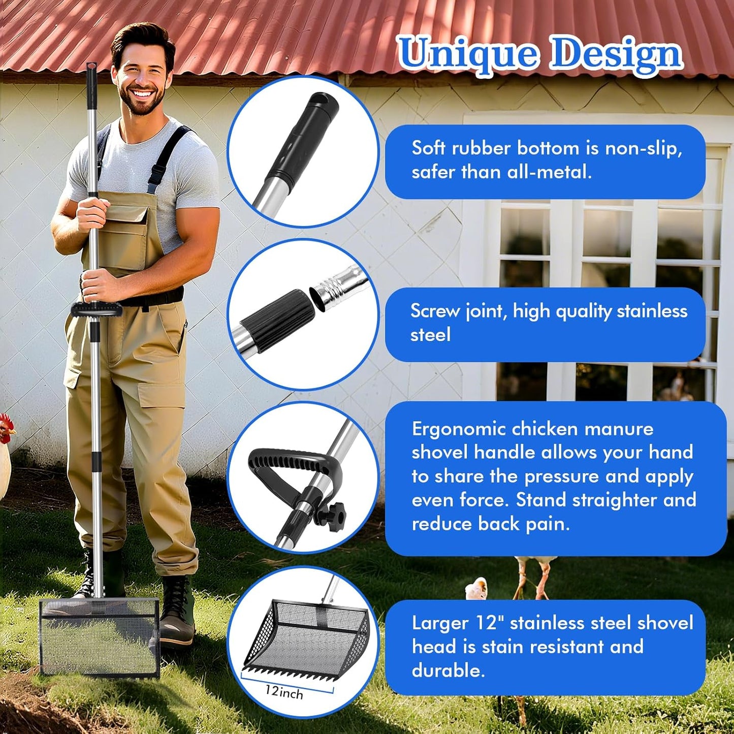 12 Inch Chicken Poop Scooper & Rake 2-in-1, Large Metal Shovel Head, Rubber Handle Stainless Steel Chicken Litter Scoop for Chicken Coops, Litter Screening Scoop (35 to 65in) US Patent Pending (Black)