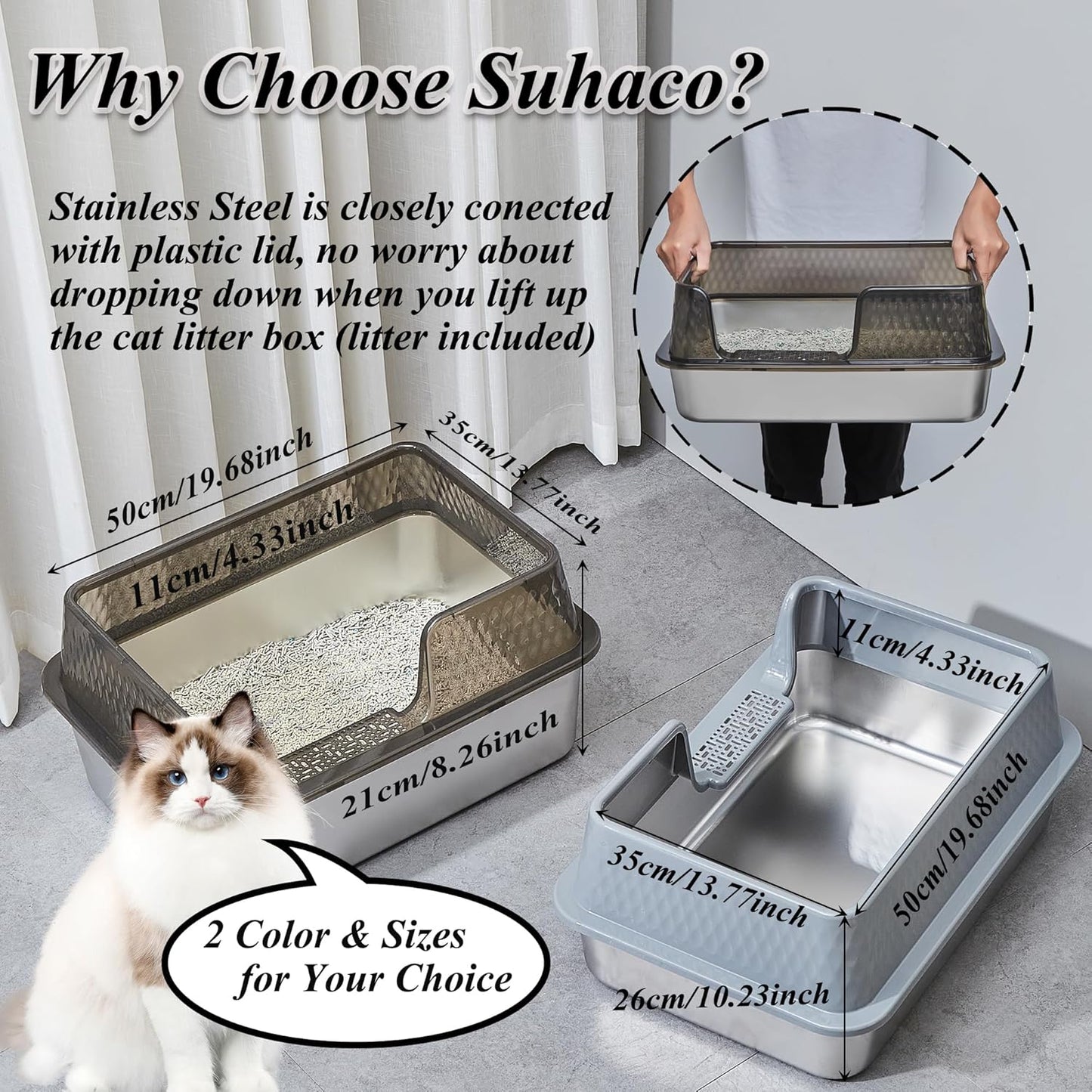 Suhaco Stainless Steel Litter Box Side Entry, Kitty Black Litter Mat and White Scoop Included Covered Metal High Sided Large Cat Litter Box with Lid Removable Enclosure for Medium Cats (Black)
