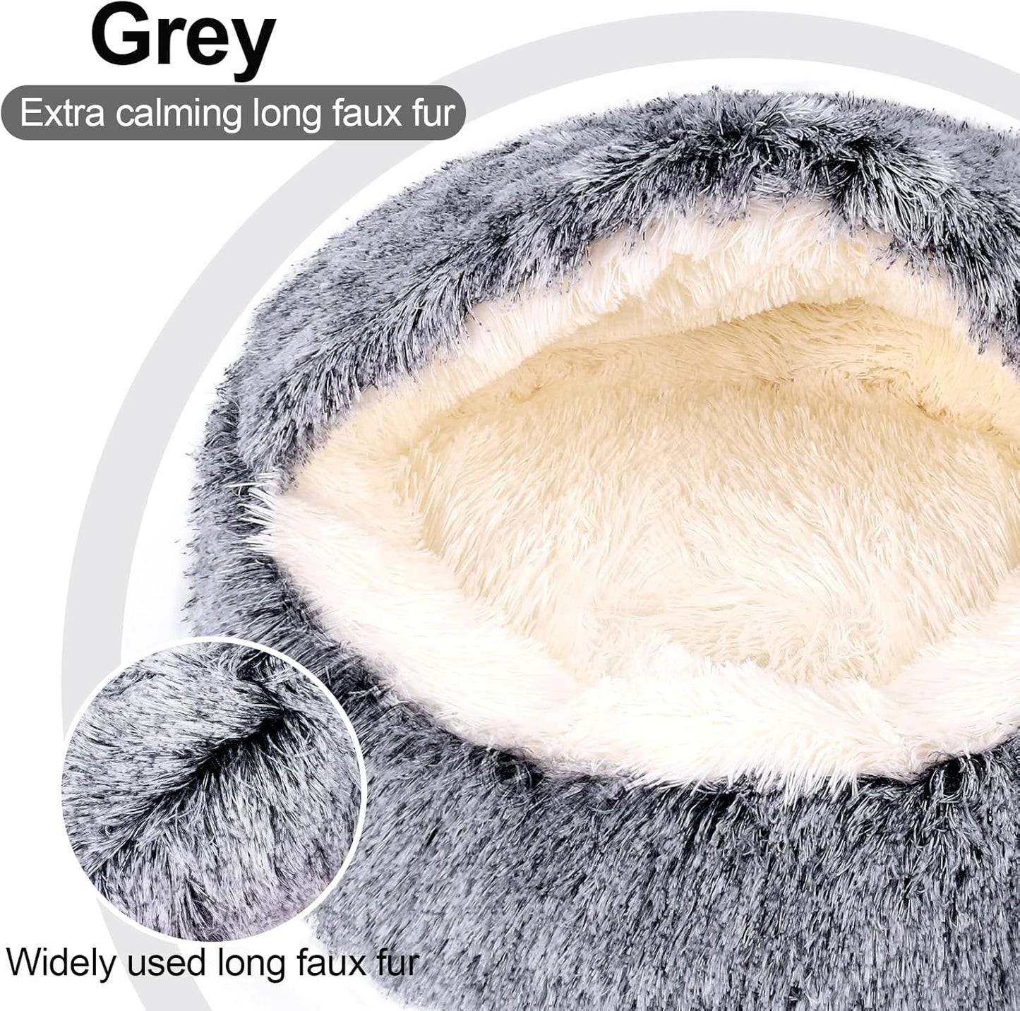 Calming Dog Beds & Cat Cave Bed with Hooded Cover,Removable Washable Round Beds for Small Medium Pets,Anti-Slip Faux Fur Fluffy Coved Bed for Improved Sleep,Fits up to 15/25 lbs(Grey,M)
