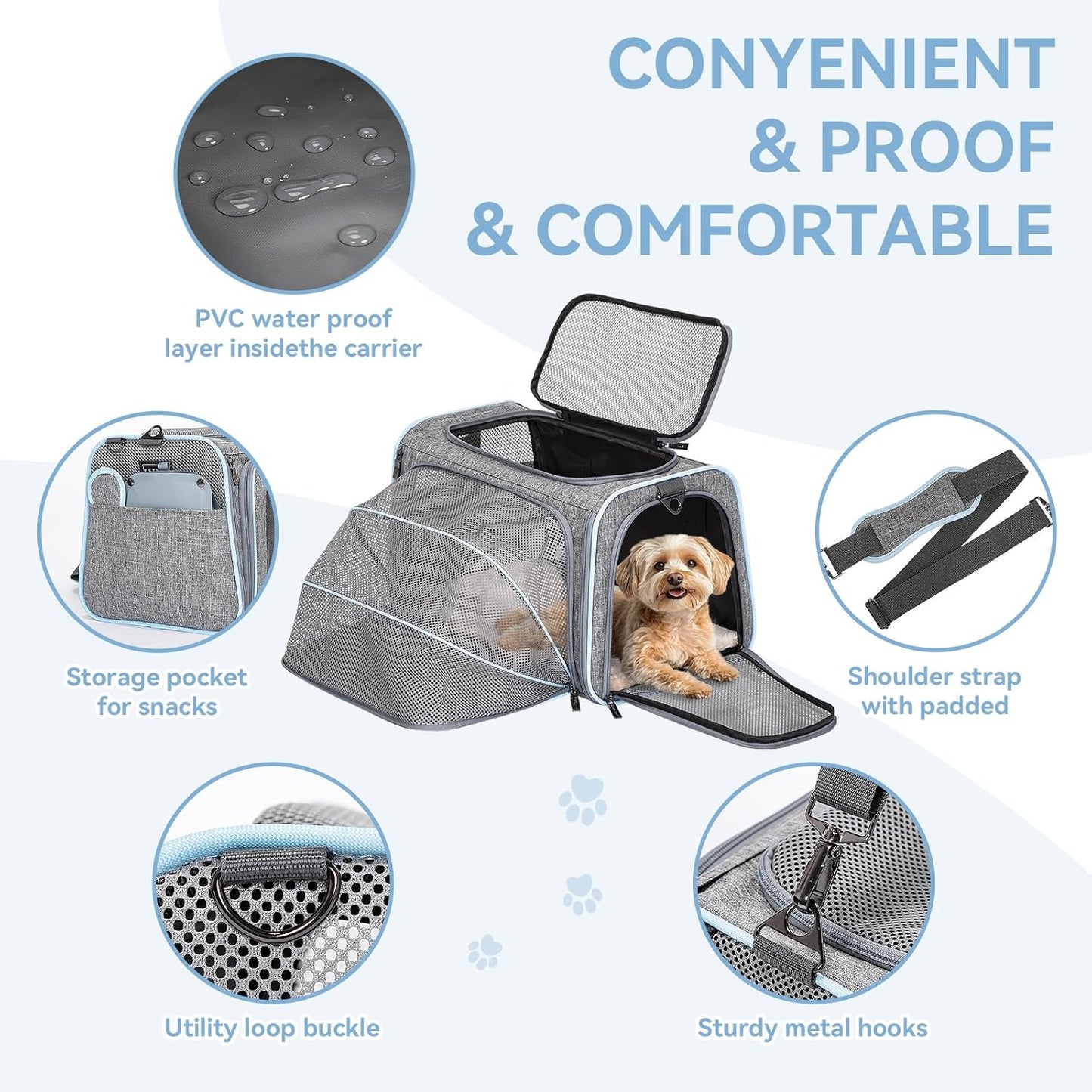 Petsfit Expandable Large Cat Carrier Small Dog Carriers Airline Approved, 17" Lx 11" Wx 11" H Soft-Sided Portable Washable Pet Travel Carrier with 2 Extension for Kittens, Puppies, Rabbits