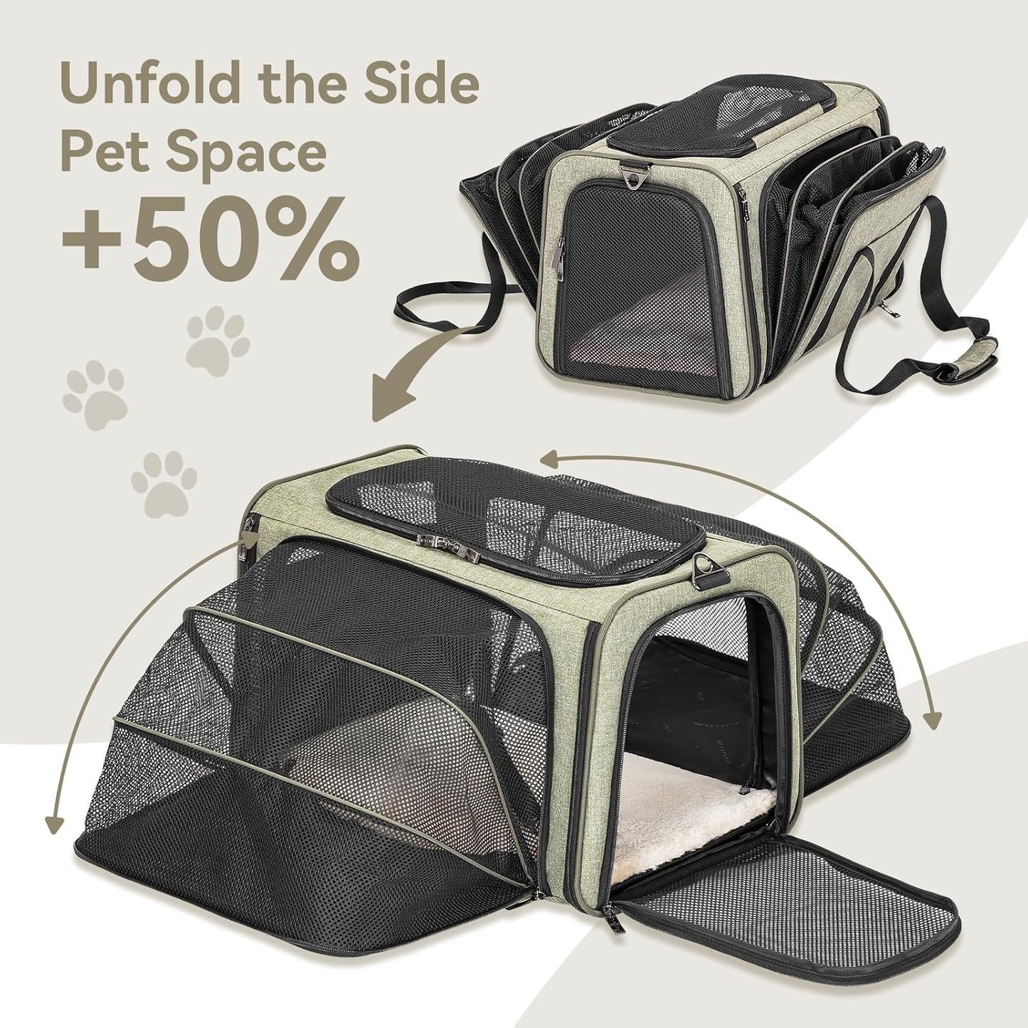 Petsfit Expandable Cat Carrier Dog Carrier, Soft-Sided Portable Pet Travel Carrier, Removable Soft Plush mat and Pockets, Locking Safety Zippers, 19x12x12 Inches
