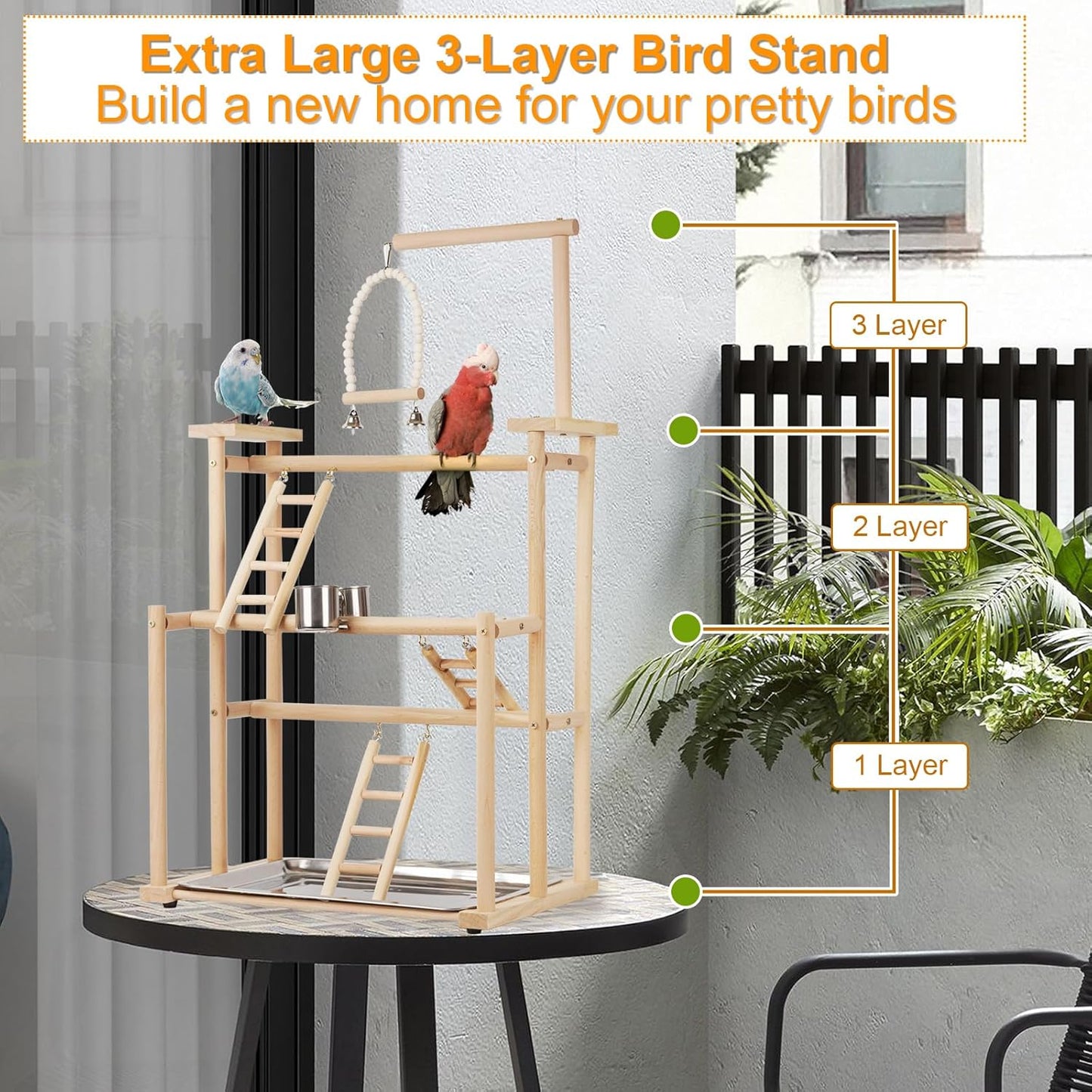 Pet Parrot Playstand Parrots Bird Playground Bird Play Stand Wood Perch Gym Playpen Ladder with Feeder Cups Bells for Cockatiel Parakeet (3 Layers)