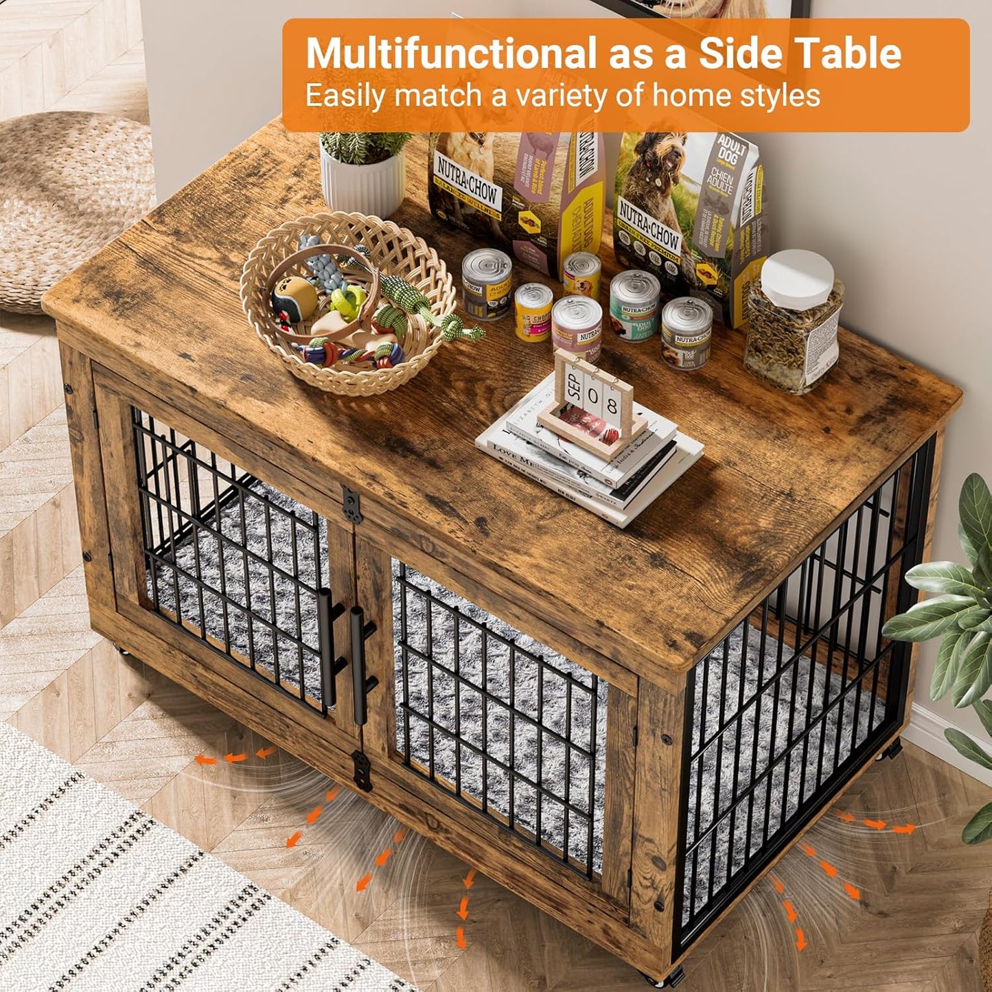 Lulive Dog Crate Furniture Set of 2, Dog Kennel Indoor Double Doors Wooden Dog Cage, 38'' Heavy Duty Dog Crate with Cushion & Wheels, End Table Pet House Chew-Resistant Up to 70 lb, Rustic Brown