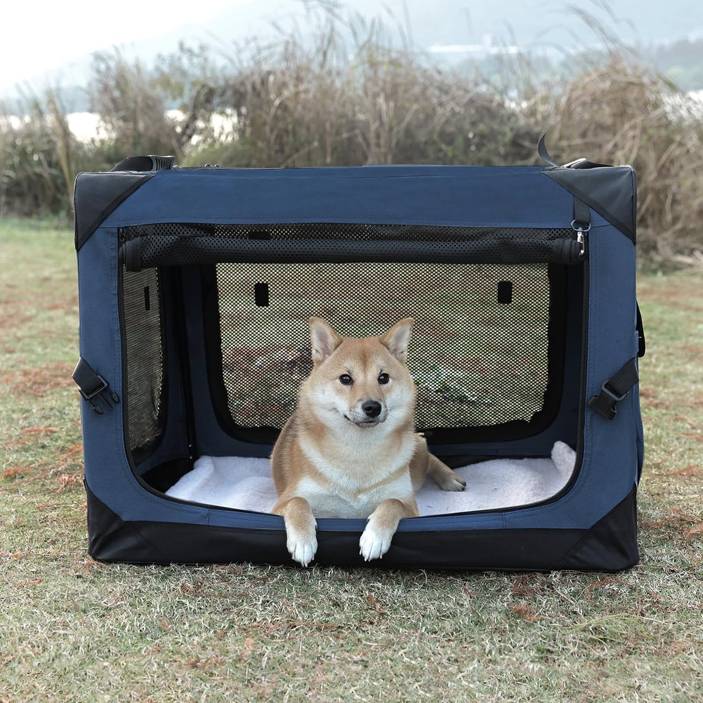 Pettycare 42 Inch Collapsible Dog Crate for Large Dogs, 4-Door Foldable Soft Side Kennel with Chew Proof Mesh Windows, Indoor & Outdoor Travel Crate, Navy Blue