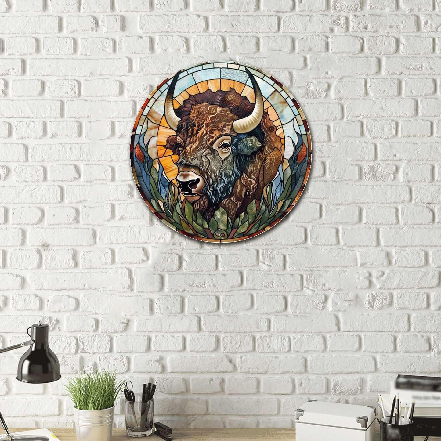 Lygond Metal Sign Tin Sign Circular Stained Glass American Bison Metal Sign for Pet 8×8 Inches