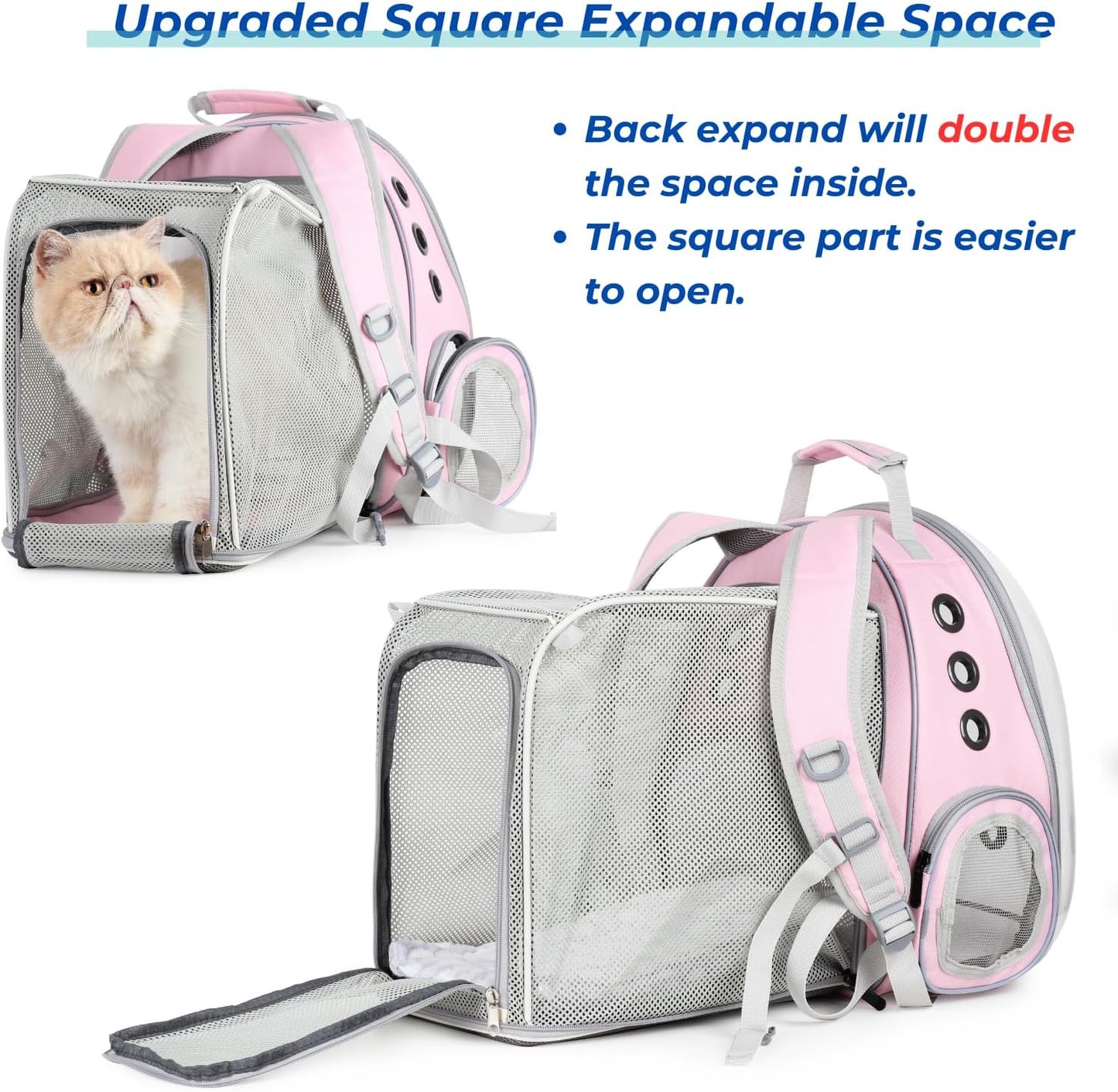 Lollimeow Cat Carrier Backpack, Bubble Expandable Backpack Carrier, Pets and Small Dogs,Airline-Approved, Designed for Travel, Hiking, Walking & Outdoor Use (Square Back Expandable-Pink)