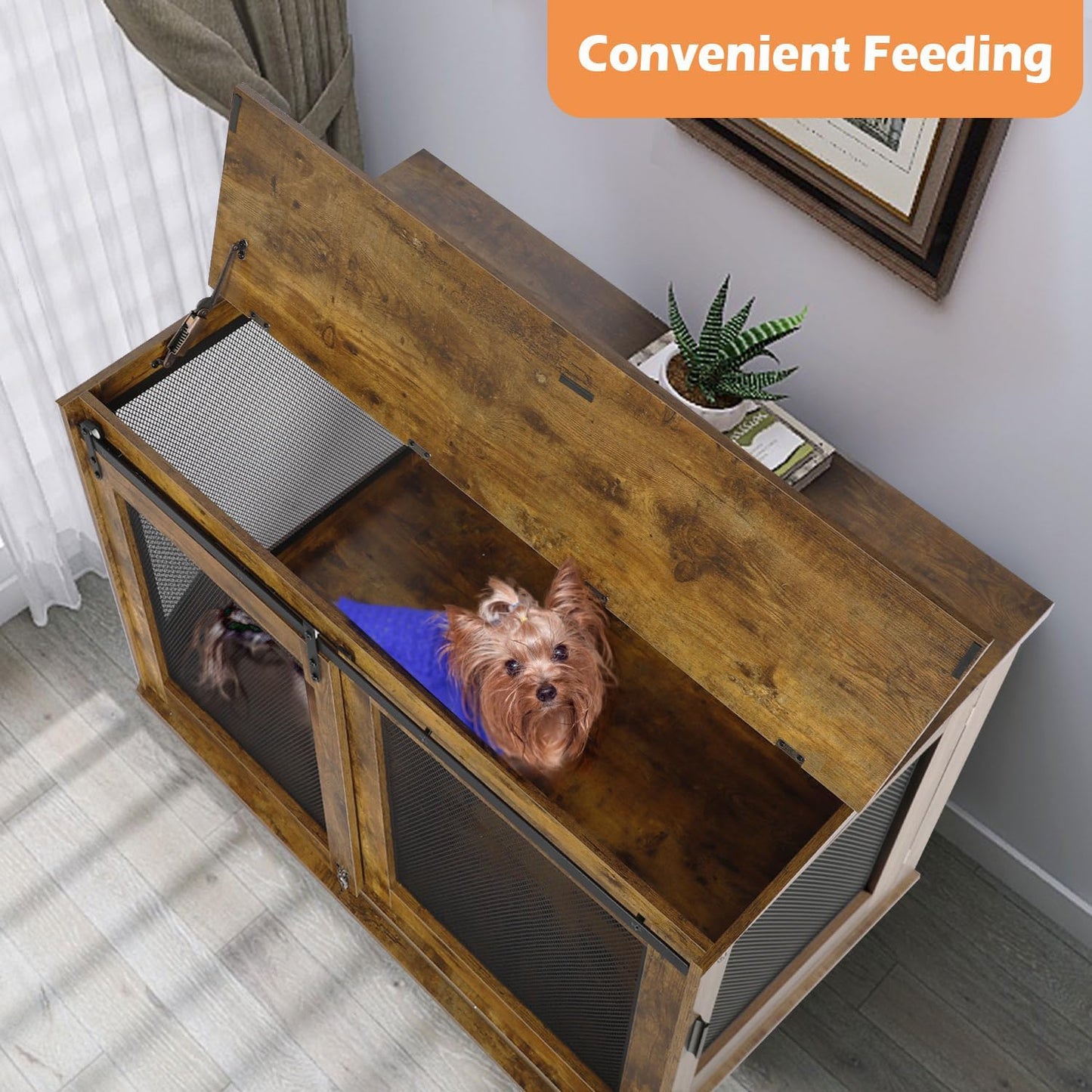 LINLUX 47 Inch Large Dog Crate Furniture, Wooden Heavy Duty XL Dog Kennel Indoor, Decorative Dog Cage Table for Large Dogs, with Sliding Doors, Wheels and Flip-top Plate, Rustic Brown