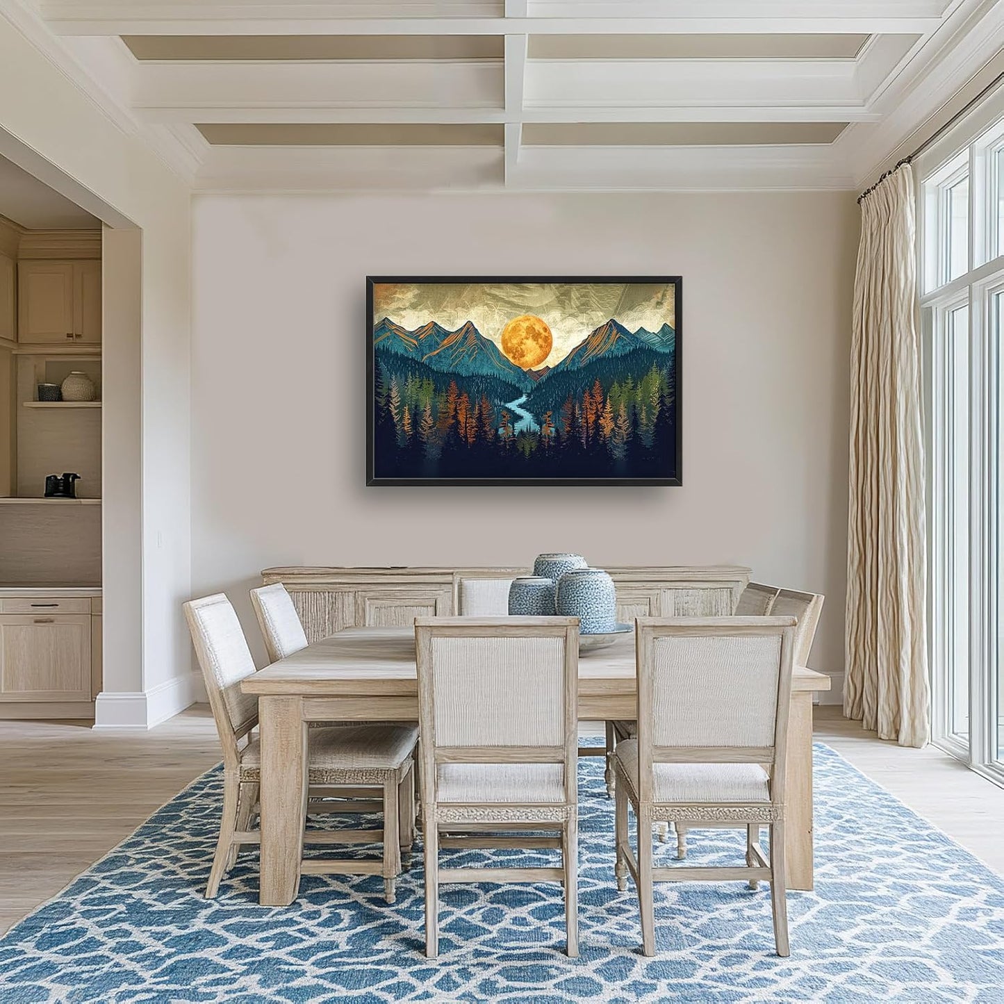 Quorin Boho Mountain Large Wall Art Mountain Landscape Pictures Moon Pine Tree Forest Lake Wall Decor Nature Canvas Print Painting Artwork for Bathroom Living Room Bedroom 36L x 24W