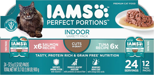 IAMS Perfect Portions Indoor Adult Wet Cat Food Cuts in Gravy Variety Pack, Salmon and Tuna Recipes, 2.6 oz. Easy Peel Twin-Pack Trays (12 Count, 24 Servings)