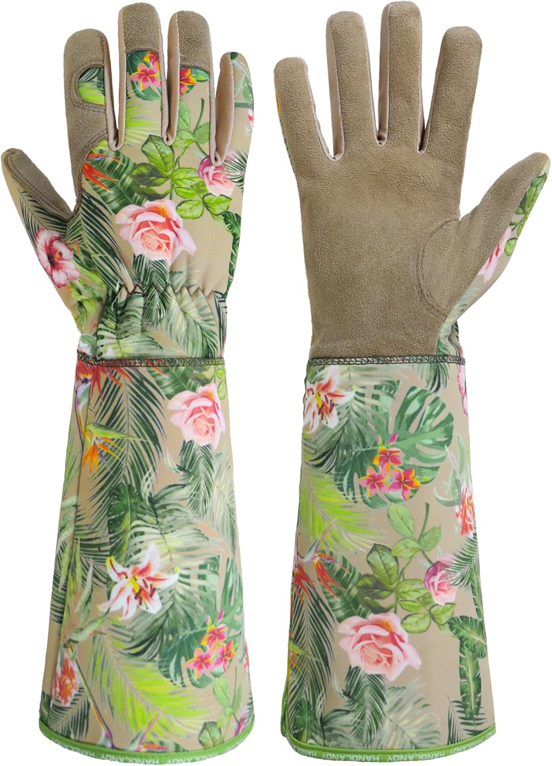 HANDLANDY Leather Gardening Gloves for Women, Thorn Proof Breathable Ladies Rose Pruning Garden Gauntlet Yard Gloves, Gift for Gardeners (Khaki, XL)