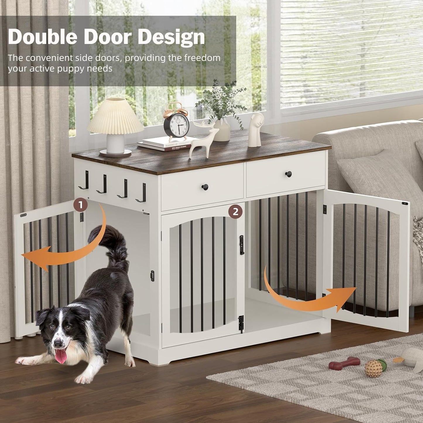 40 Inch Furniture-Style Dog Crate-Multipurpose Wood Pet Crate Furniture with Double Doors,2 Drawers, Decorative Dog House Indoor for Smal/Medium Dogs, White Finish