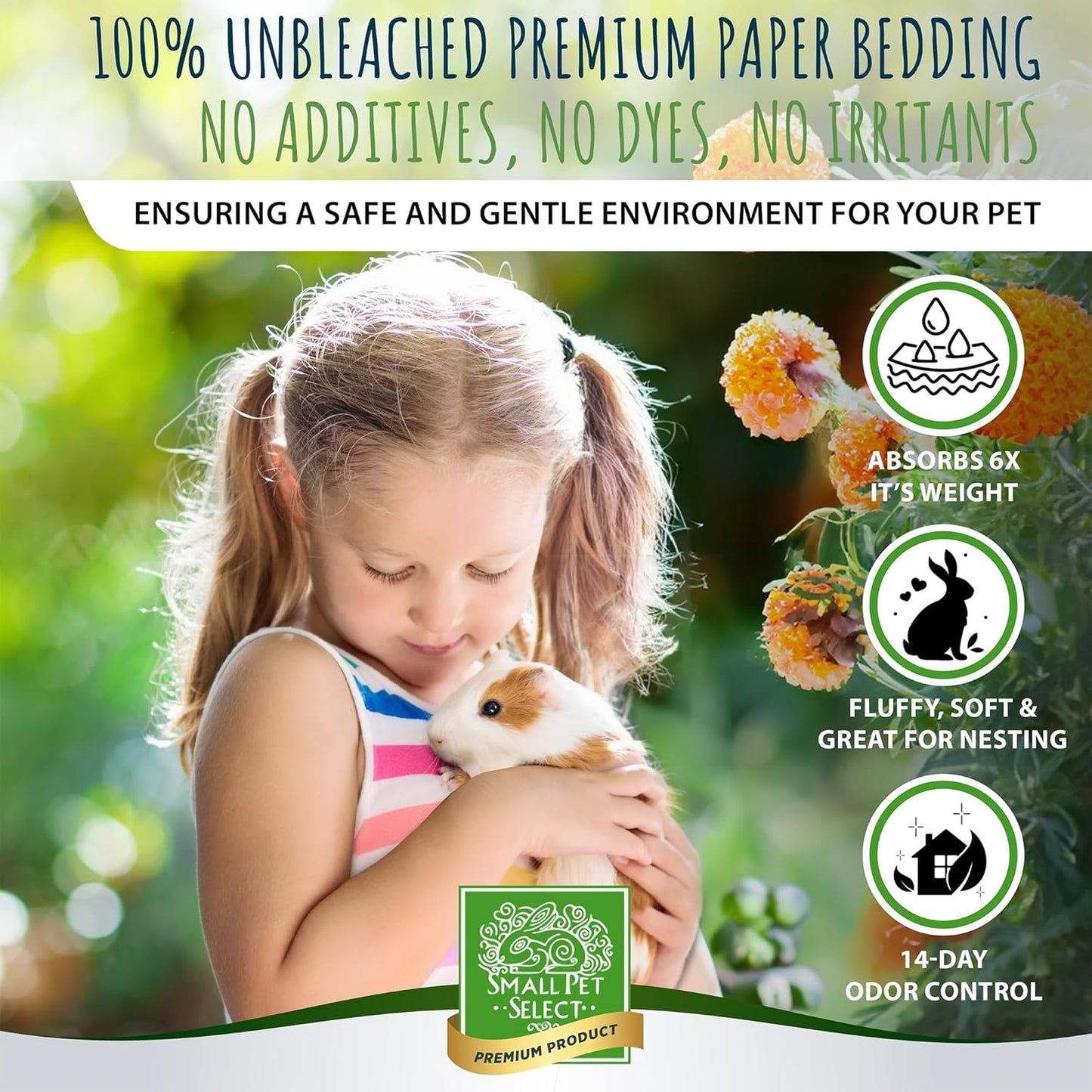 Small Pet Select - Natural Paper Bedding with Real Marigold Buds. Rabbits, Guinea Pigs, and Other Small Animals, 56L