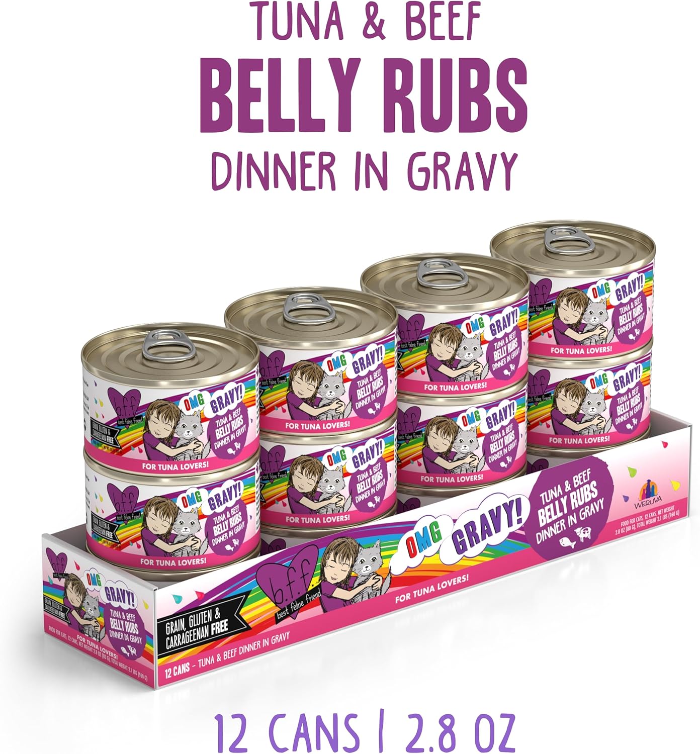 Weruva B.F.F. OMG - Best Feline Friend Oh My Gravy!, Tuna & Beef Belly Rubs with Tuna & Beef, 2.8oz Can (Pack of 12)