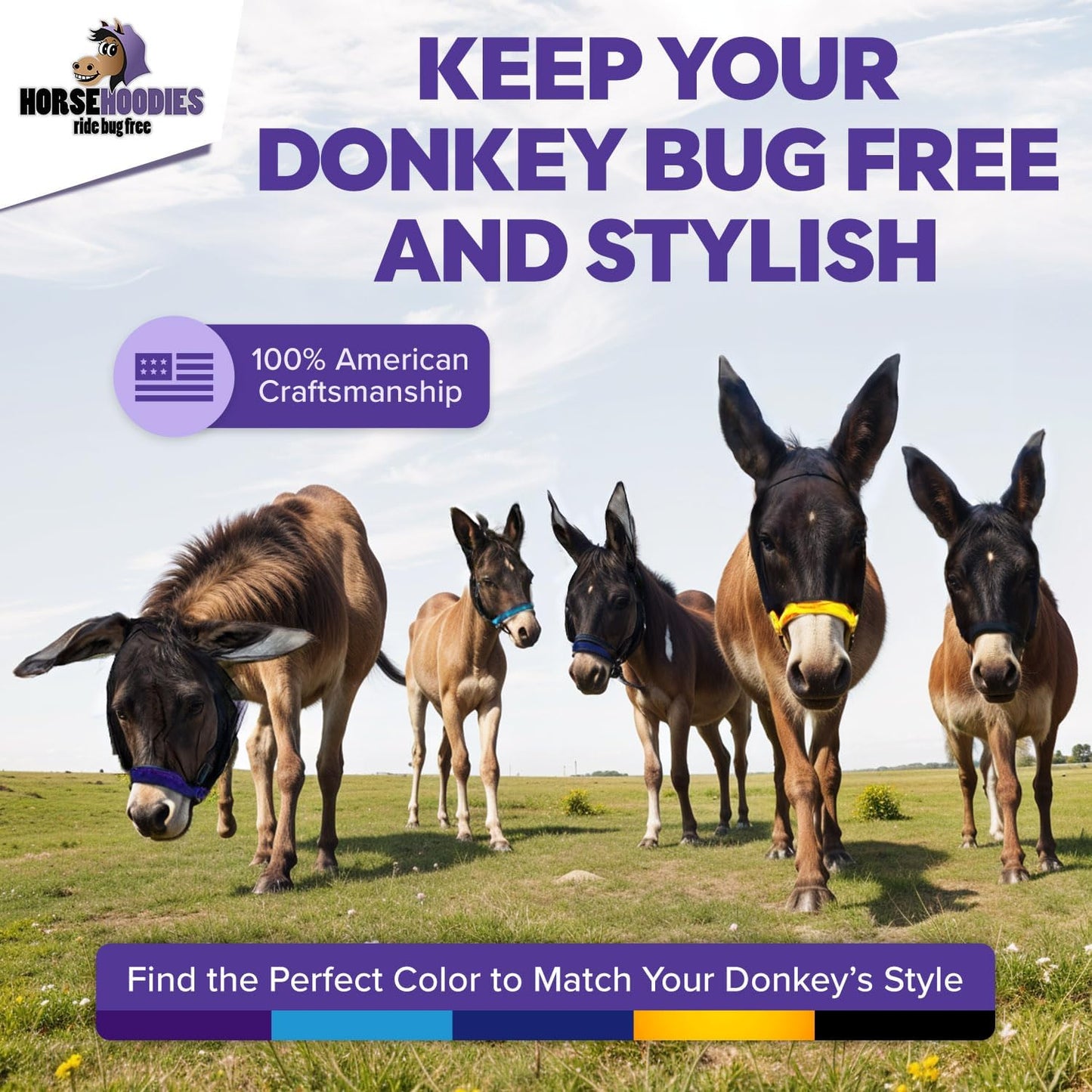 Donkey Fly Mask with Long Ears (Blue) Half Hoodie for Standard Donkey, Made in USA - Mule Fly Mask with Ears Protection from Insects and Bugs, Face Cover Soft Mesh Fabric with Adjustable Fastener