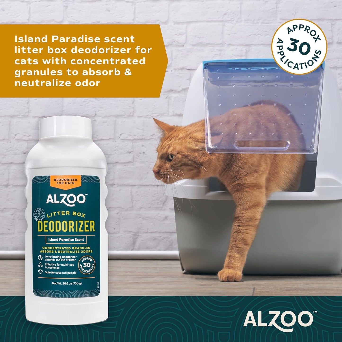 ALZOO Cat Litter Deodorizer, Concentrated Granules Absorb & Help Neutralize Odors, 100% Plant-Based Active Ingredients, Up to 30 Uses, Island Paradise Scent, 26.6 Oz.