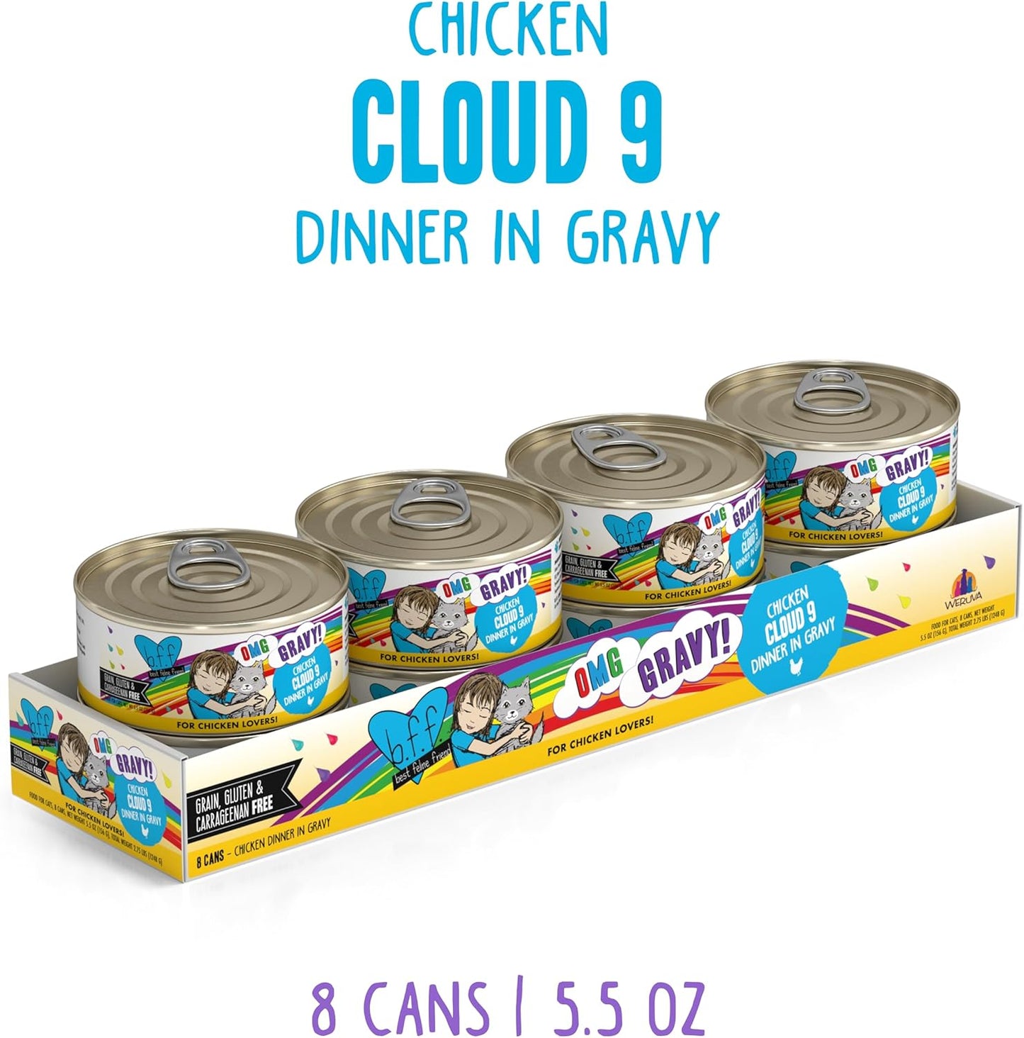 Weruva B.F.F. OMG - Best Feline Friend Oh My Gravy!, Chicken Cloud 9 with Chicken in Gravy, 5.5oz Can (Pack of 8)