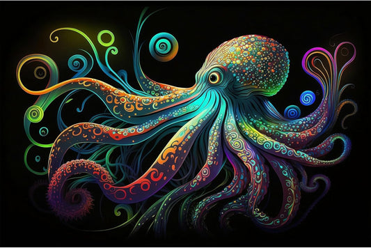 Octopus Aquarium Background Exquisite Colorful Octopus Terrarium Background Glowing Octopus on Black Background Fish Tank Backdrop Octopus Backdrops Poster Wallpaper Decorations Vinyl 72x18in