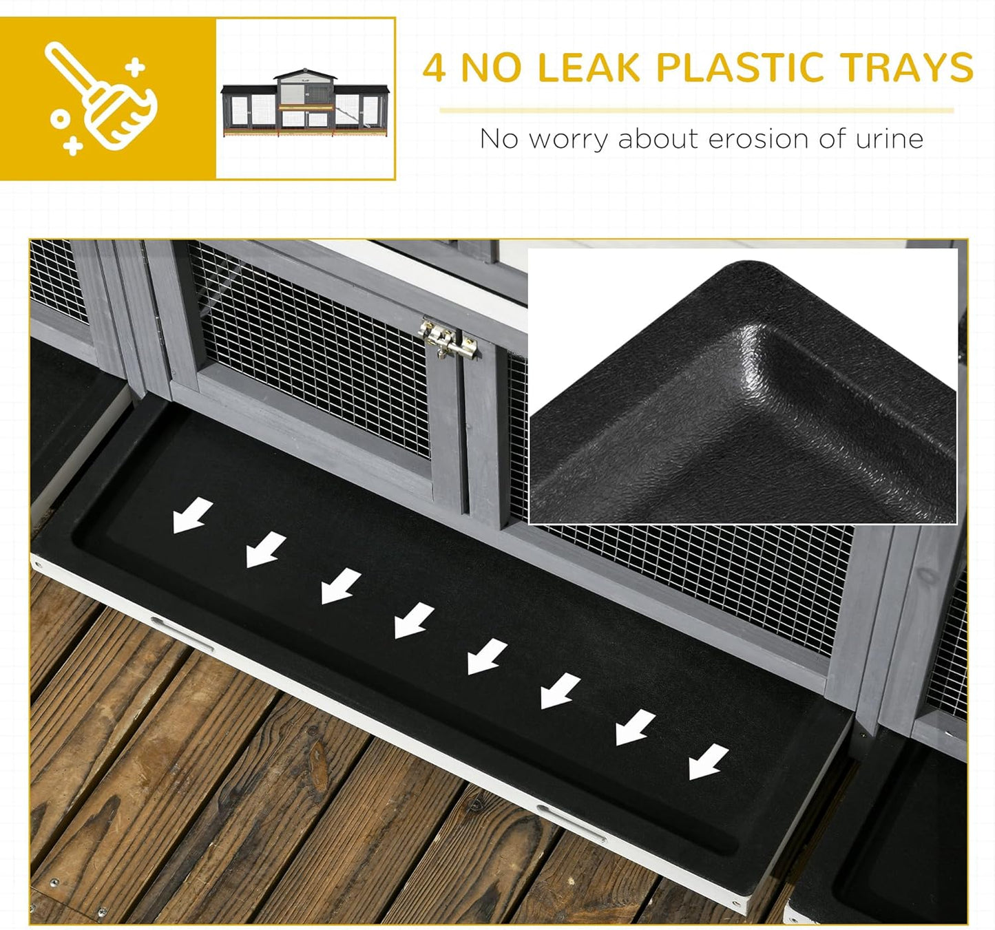 PawHut 90.5" Wooden Rabbit Hutch Bunny Cage Pet Playpen House Enclosure with Double Side Run Boxes, No Leak Tray, Ramp, for Guinea Pig and Small Animals, Light Gray