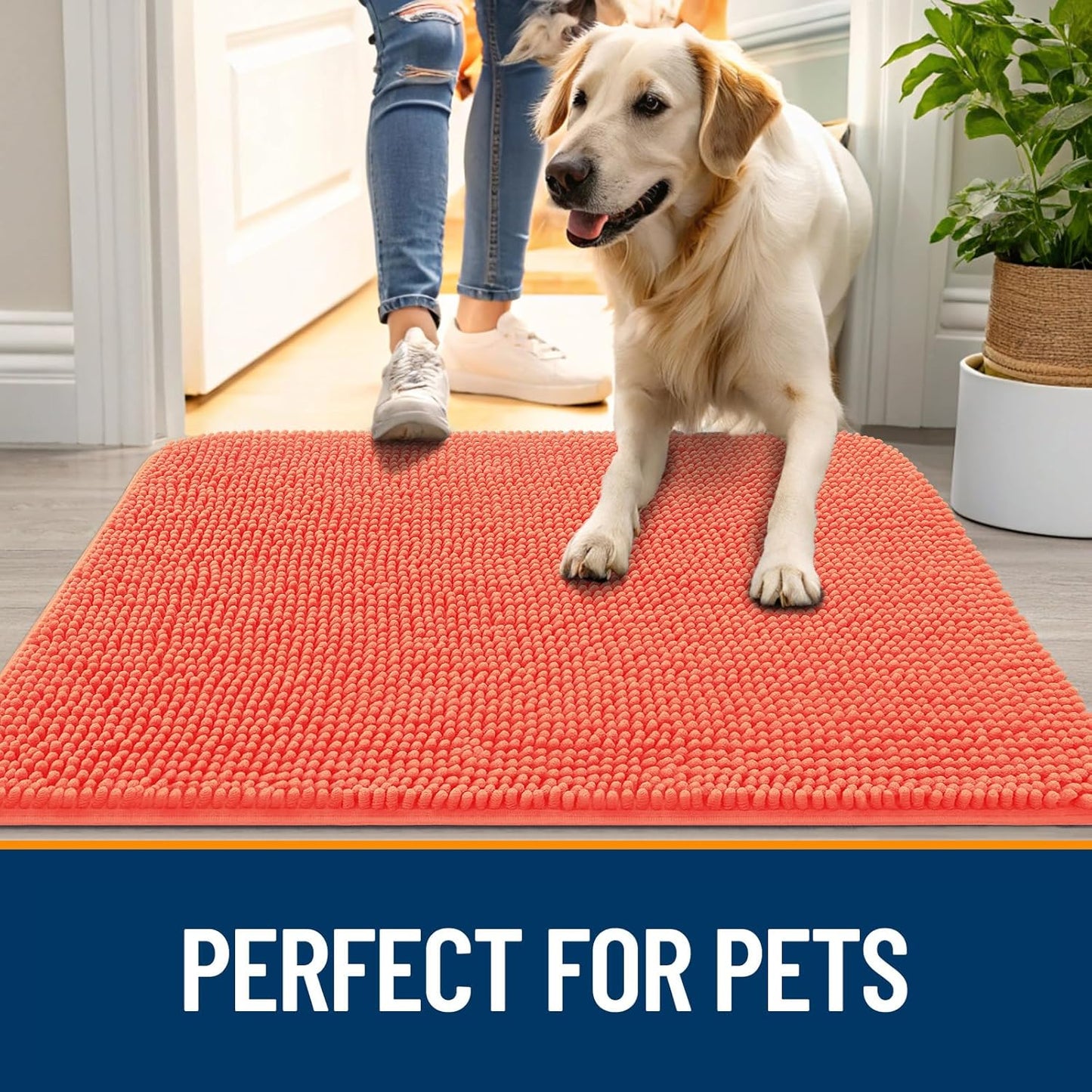 OLANLY Dog Door Mat for Muddy Paws 54x32, Absorbs Moisture and Dirt, Absorbent Non-Slip Washable Doormat, Quick Dry Chenille Mud Mat for Dogs, Entry Indoor Entryway Carpet for Inside Floor, Coral